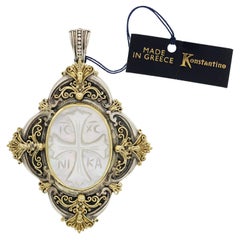 Konstantino 925 Silber und 18 Karat Gold geschnitztes Perlmutt Kreuz Großer Anhänger