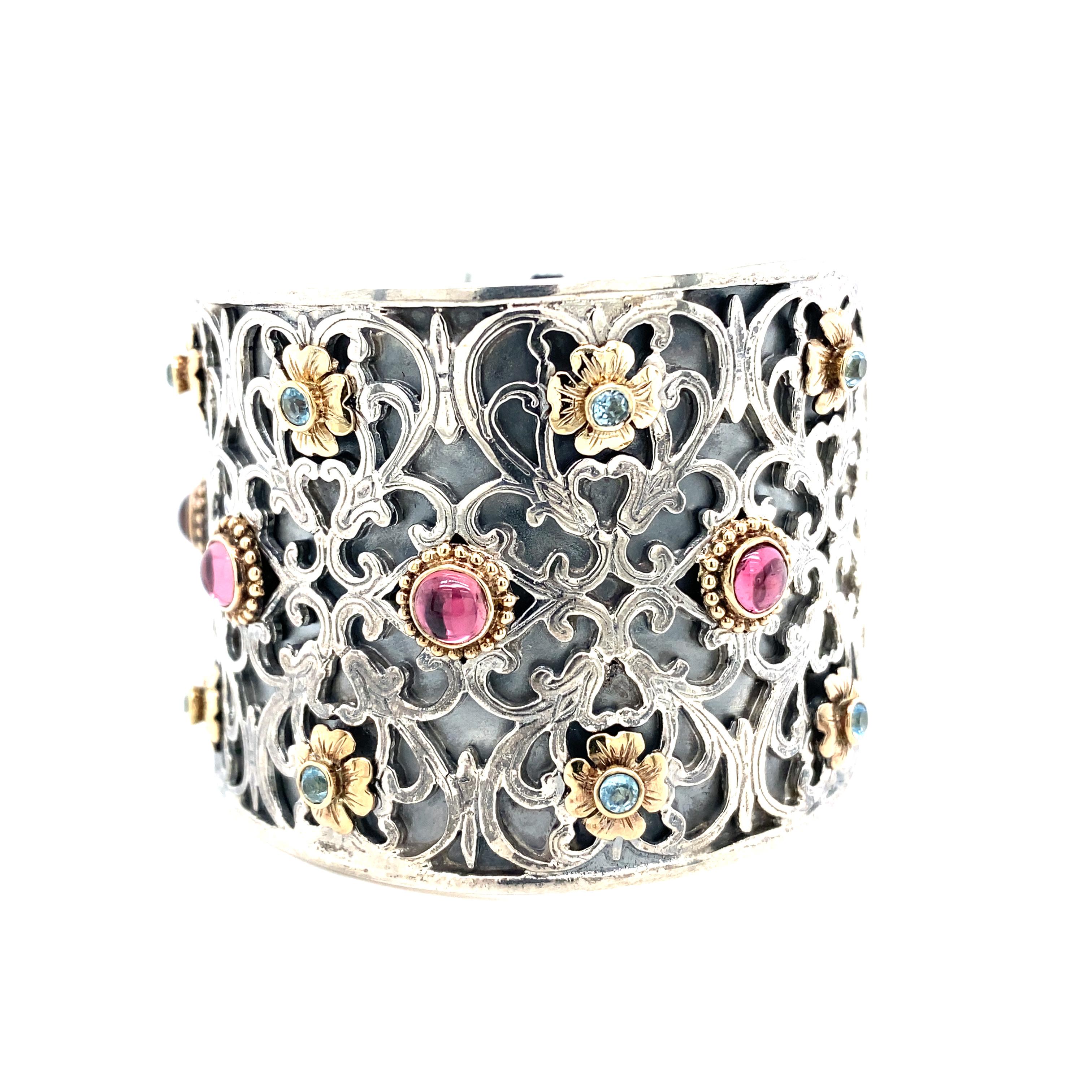 KONSTANTINO Amethyst and Blue Topaz Cuff Bracelet in Sterling Silver In Good Condition In Hicksville, NY