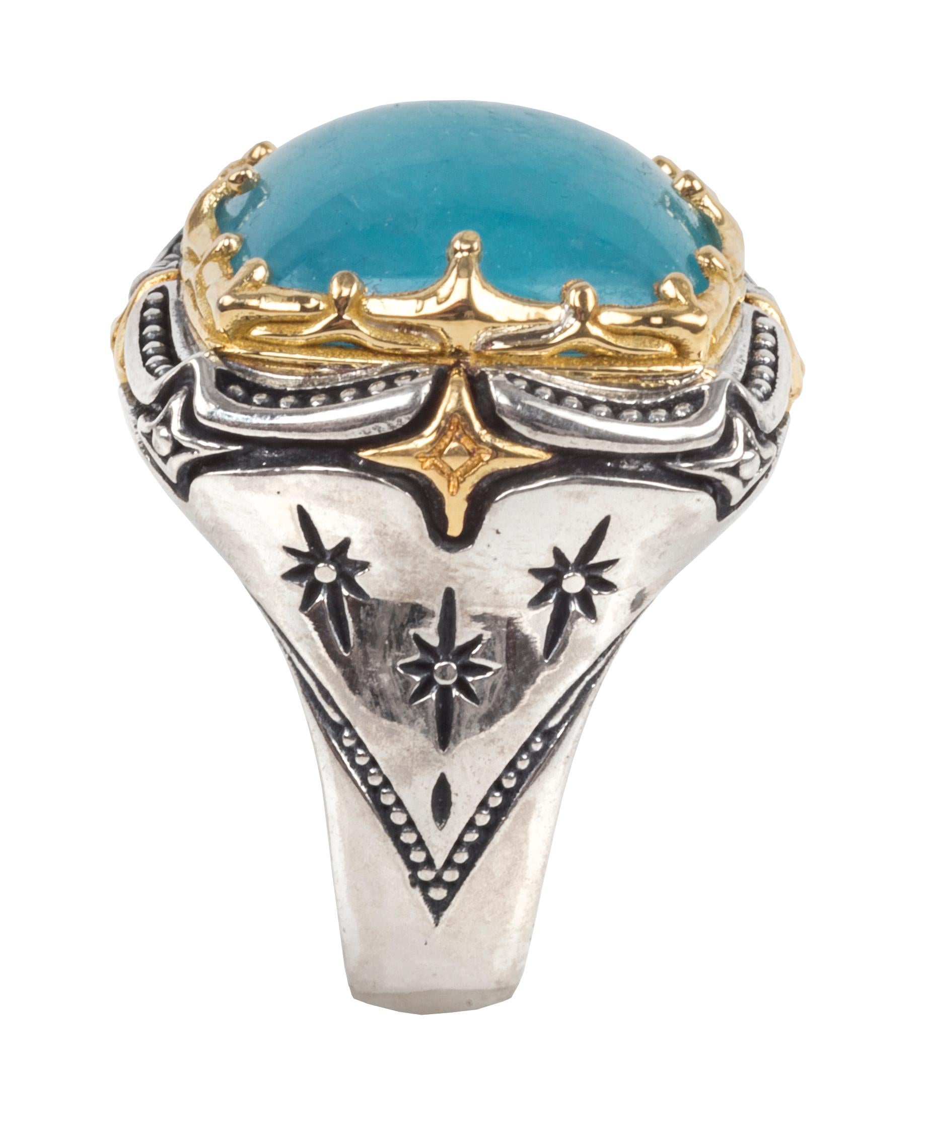 Sterling Silver and 18K Gold Astria Ring with Aquamarine Square Cabochon and Stamped Konstantino 925 and 750.  