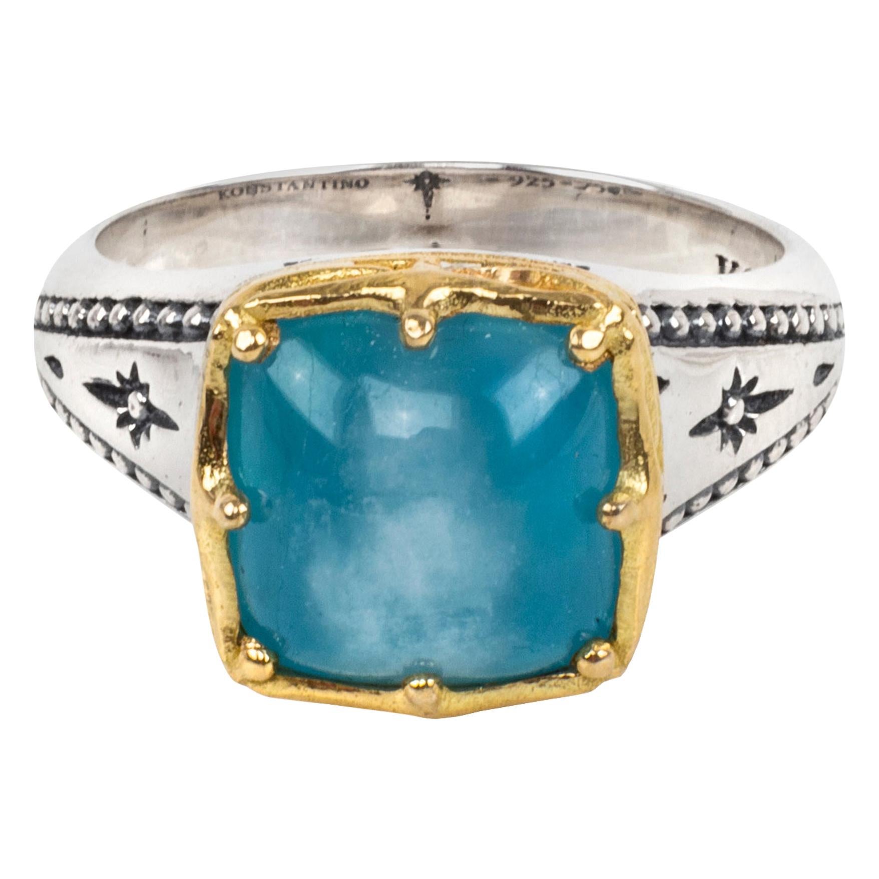 Konstantino Astria Midsize Square Aquamarine Gold and Sterling Silver Ring  For Sale