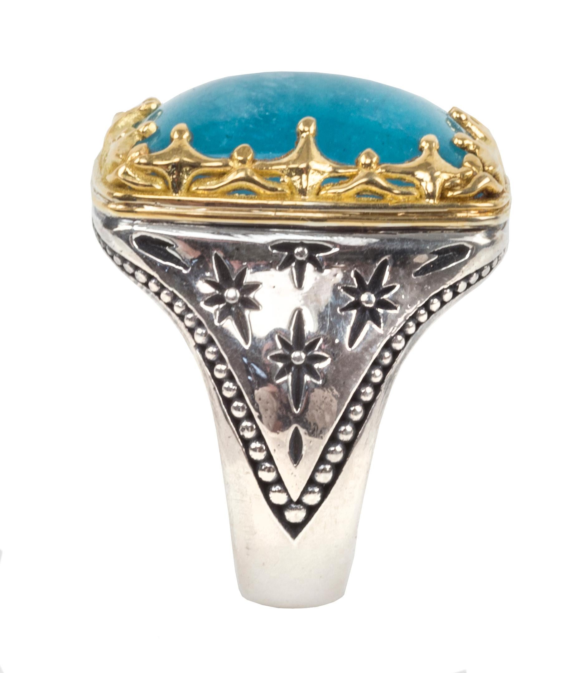 Sterling Silver and 18K Gold Aquamarine Rectangular Cabochon Ring stamped Konstantino 925 and 750.  Made in Greece by renowned designer Konstantino.  