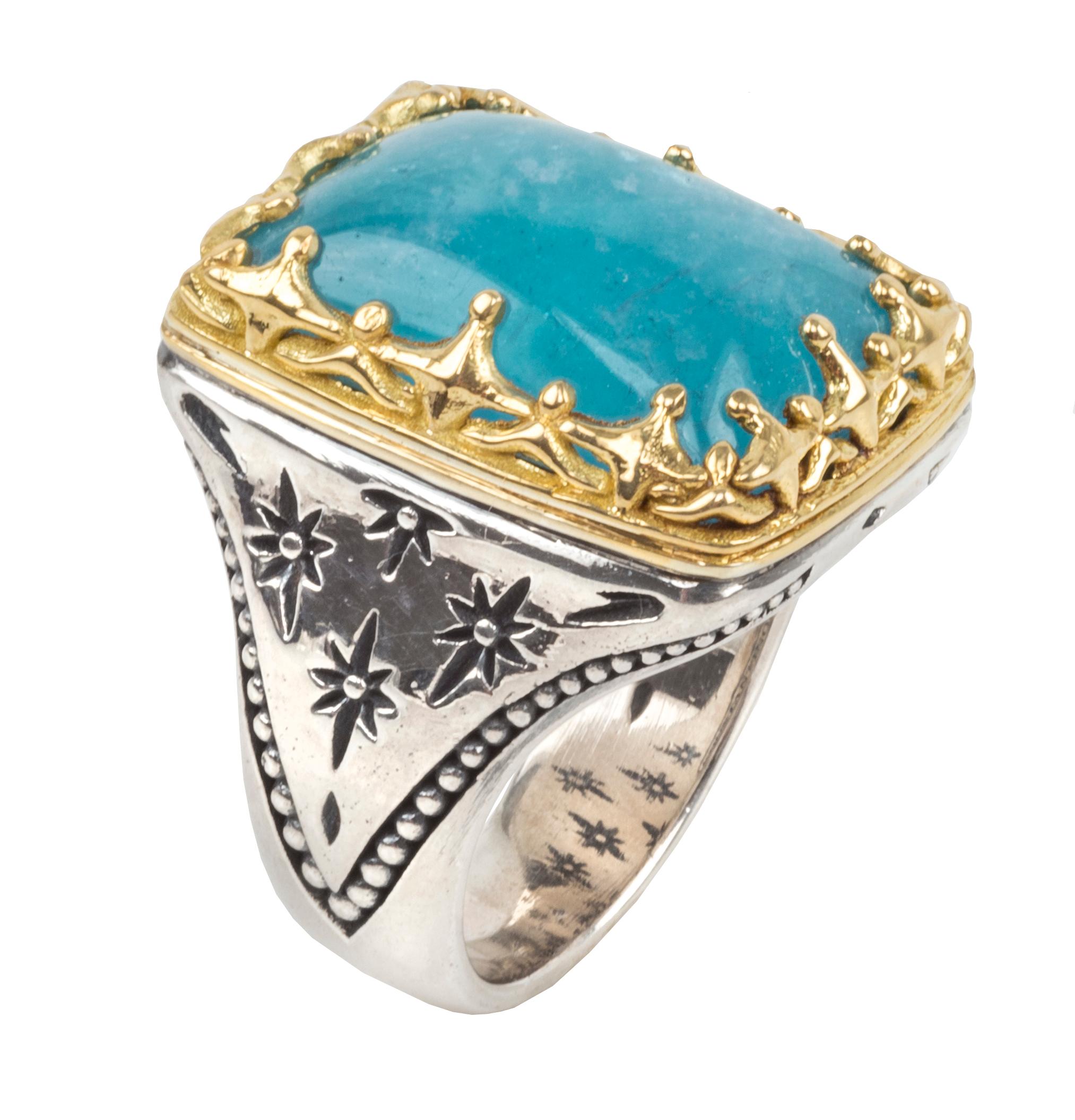 Modern Konstantino Astria Rectangular Sterling Silver Aquamarine and Gold Ring  For Sale