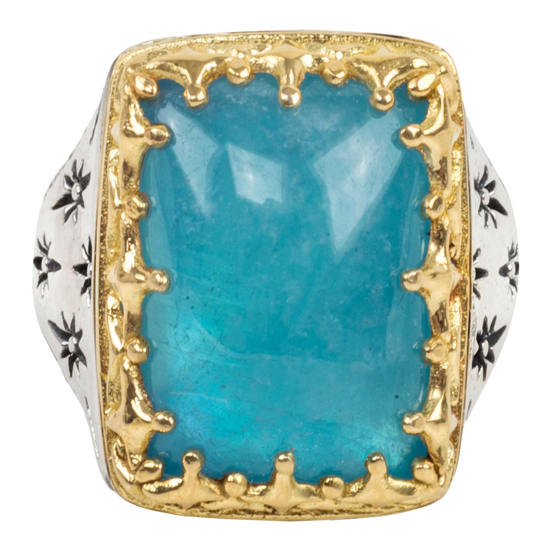 Konstantino Astria Rectangular Sterling Silver Aquamarine and Gold Ring  For Sale
