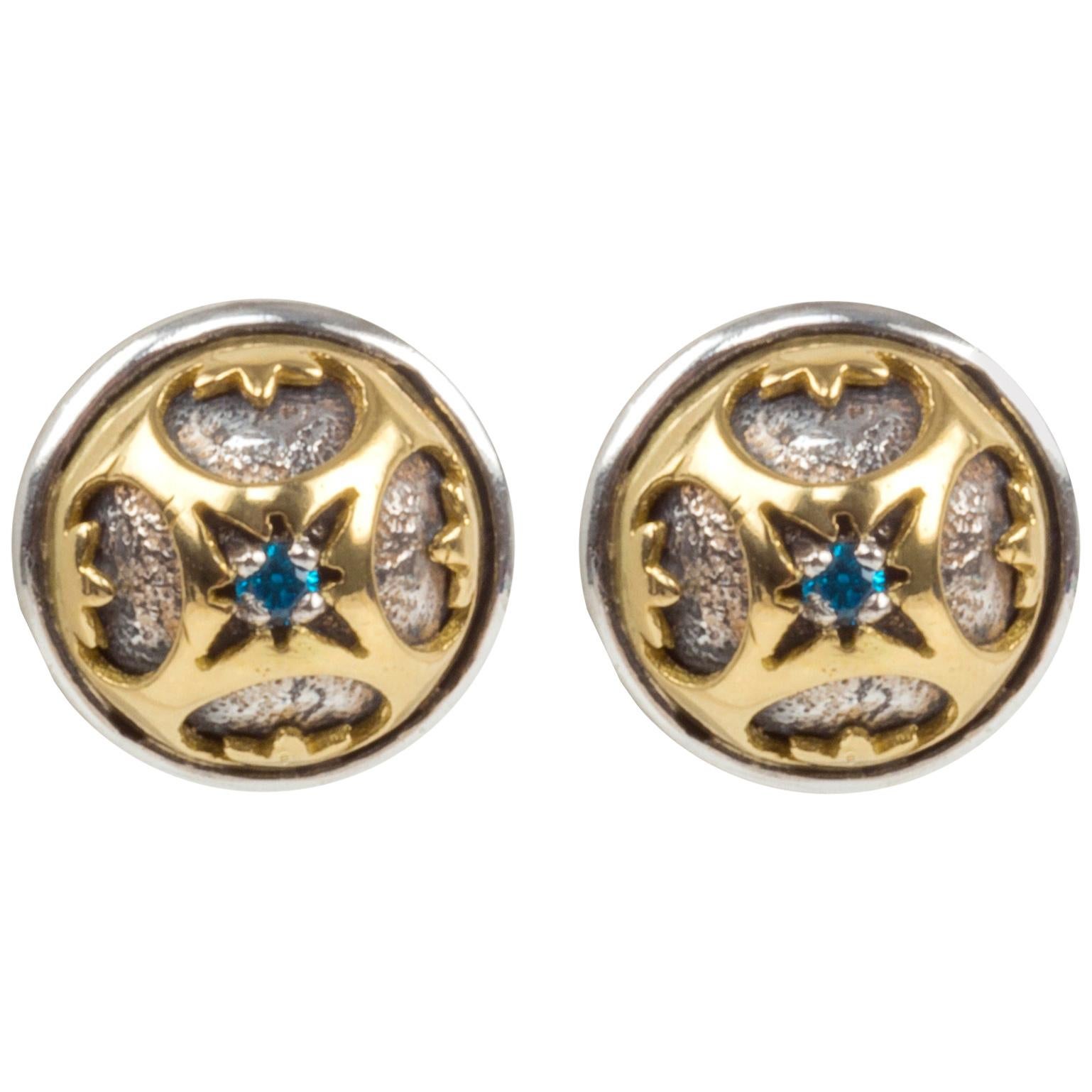 Konstantino Button Gold and Sterling Silver Pierced Earrings with Blue Spinel