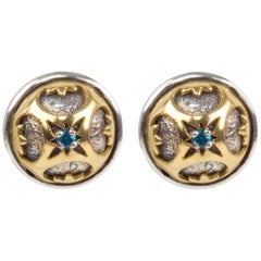 Used Konstantino Button Gold and Sterling Silver Pierced Earrings with Blue Spinel