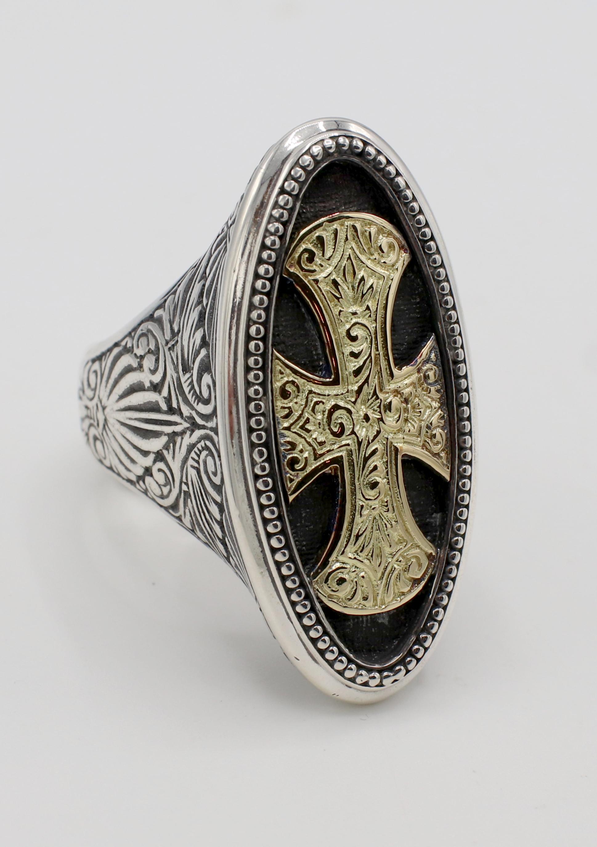 Konstantino Classics Large Oval Cross Silver & Gold Cocktail Ring 
Metal: Silver 950 & 18k yellow gold
Weight: 28.2 grams
Top: 37 x 18mm
Size: 9 (US)
