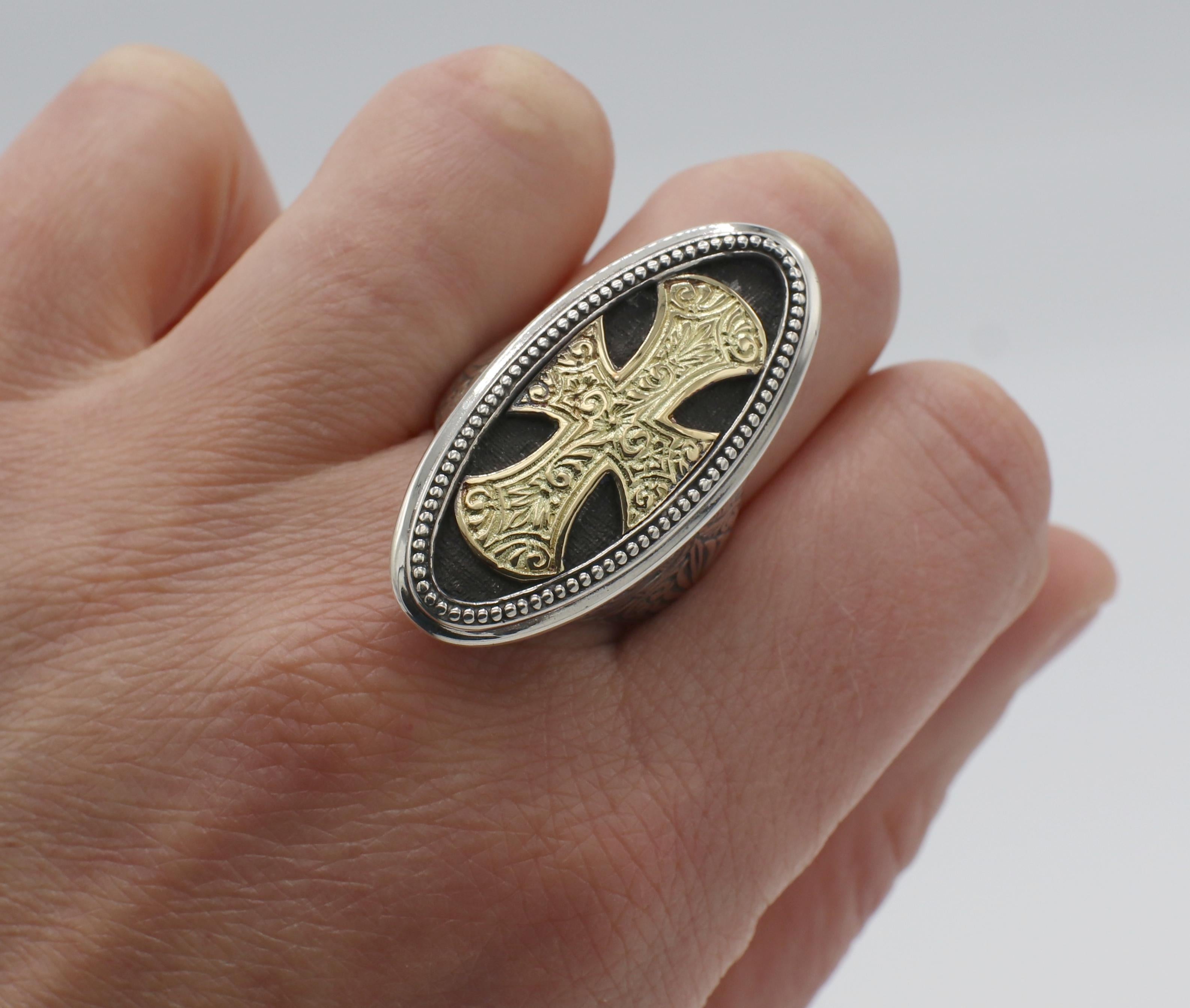 Women's or Men's Konstantino Classics Large Oval Cross Silver & Gold Cocktail Ring