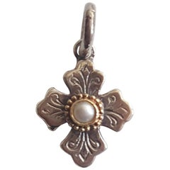 Konstantino Cross Pendant Charm, Silver and 18 Karat Gold with White Pearl