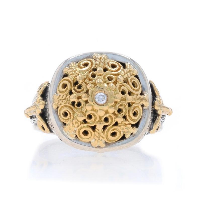 Size: 4 1/2
Sizing Fee: Up 1 1/2 sizes for $40 or Down 1/2 a size for $40

Brand: Konstantino

Metal Content: Sterling Silver & 18k Yellow Gold

Stone Information

Natural Diamond
Carat(s): .02ct
Cut: Round Brilliant
Color: G
Clarity: VS1

Style: