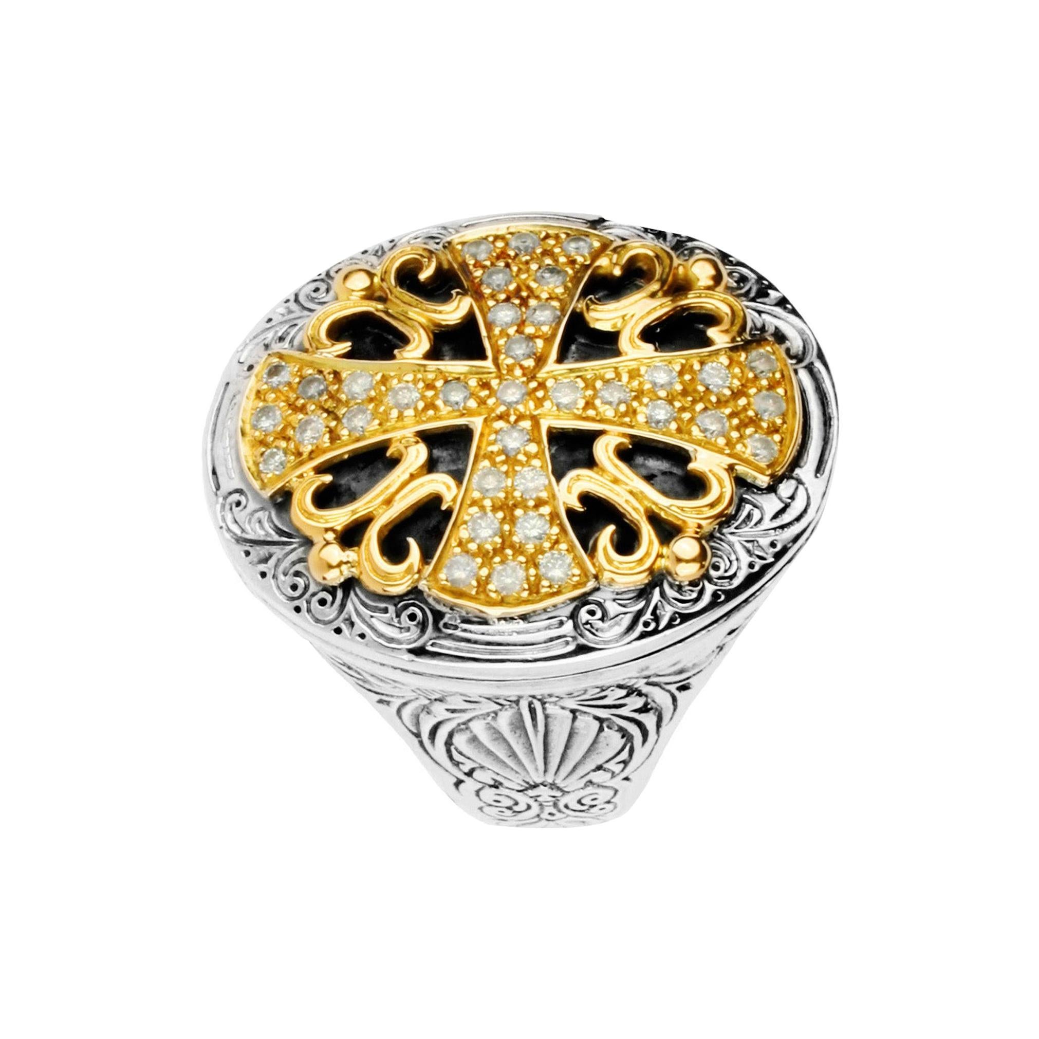 Konstantino Diamond Sterling Silver & Yellow Gold Diamond Cross Ring For Sale