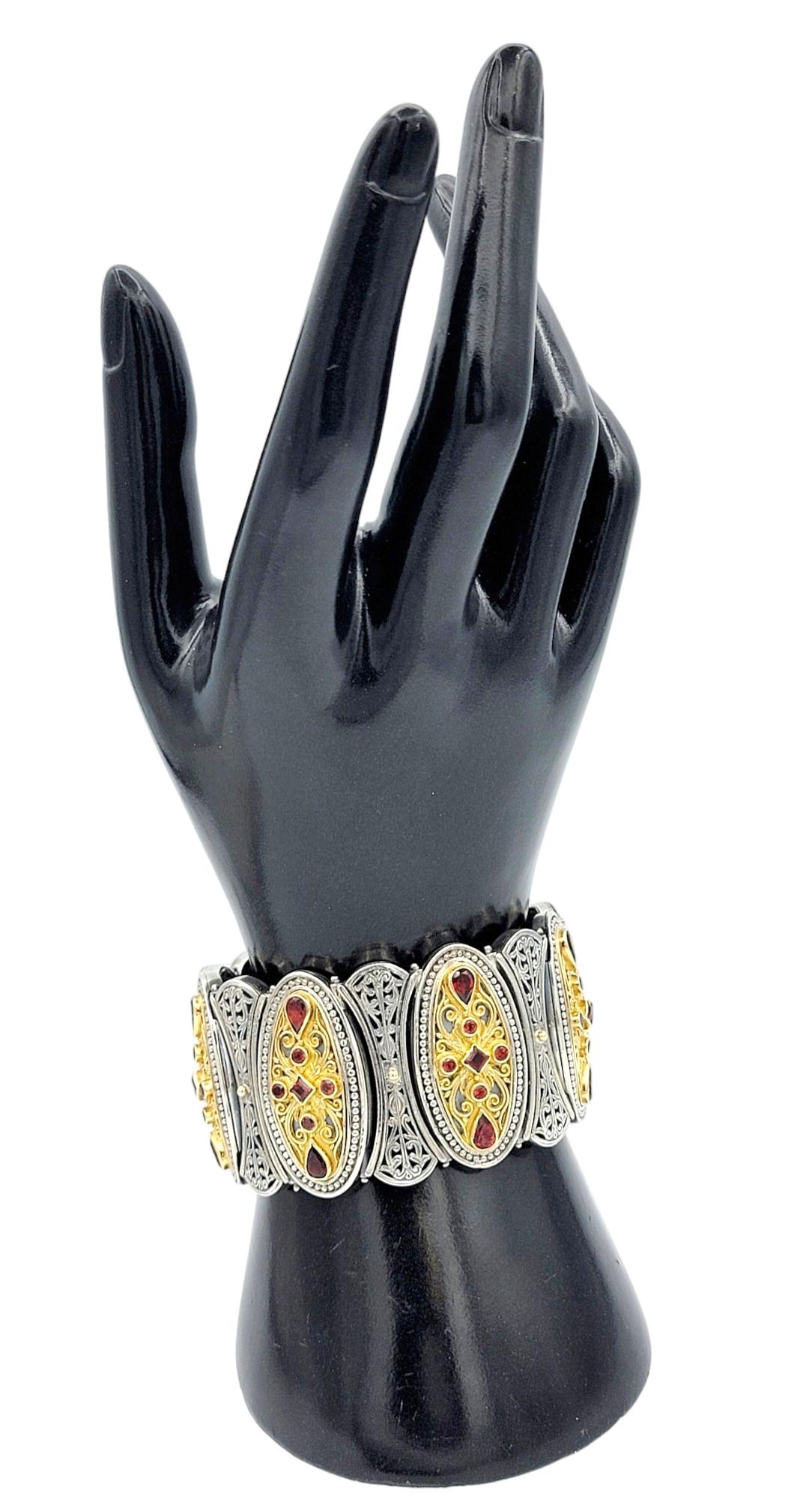 Konstantino, large bracelet fantaisie en argent et or 18 carats avec grenat et filigrane en vente 4