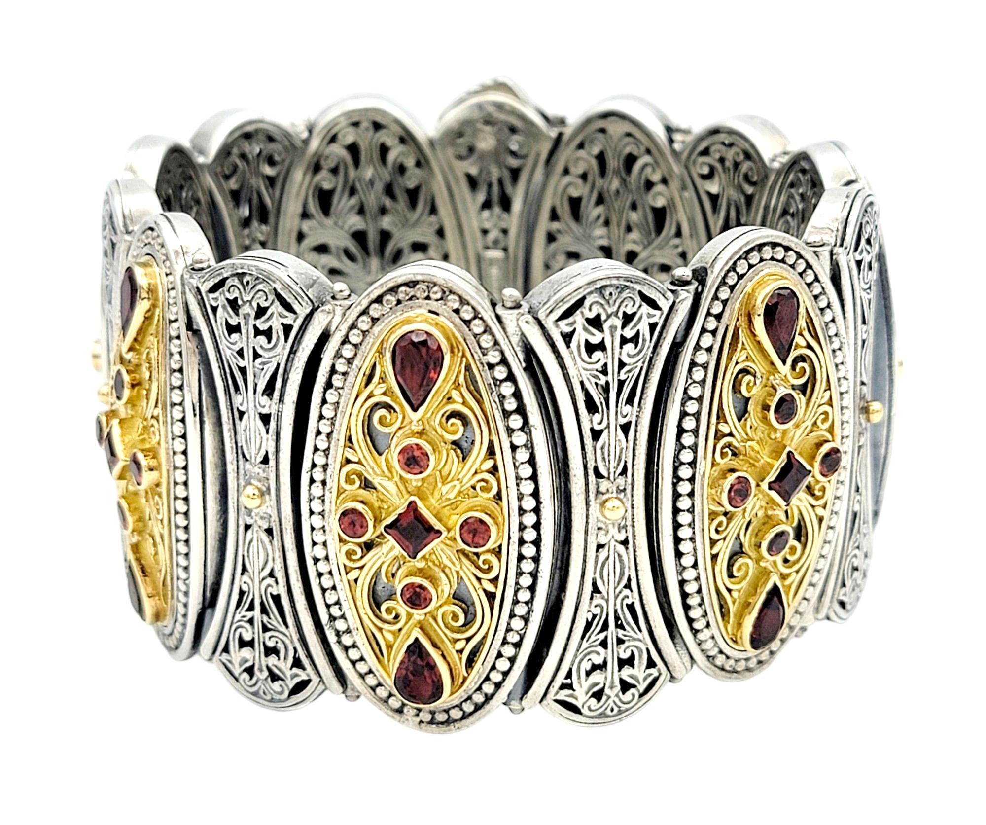 The inner circumference of this bracelet measures 6.5 inches and will comfortably fit a 5.75 - 6.25 inch wrist. 

This gorgeous Konstantino large cuff bracelet, crafted in sterling silver and adorned with 18 karat yellow gold, is a masterpiece of