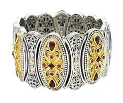 Konstantino, large bracelet fantaisie en argent et or 18 carats avec grenat et filigrane