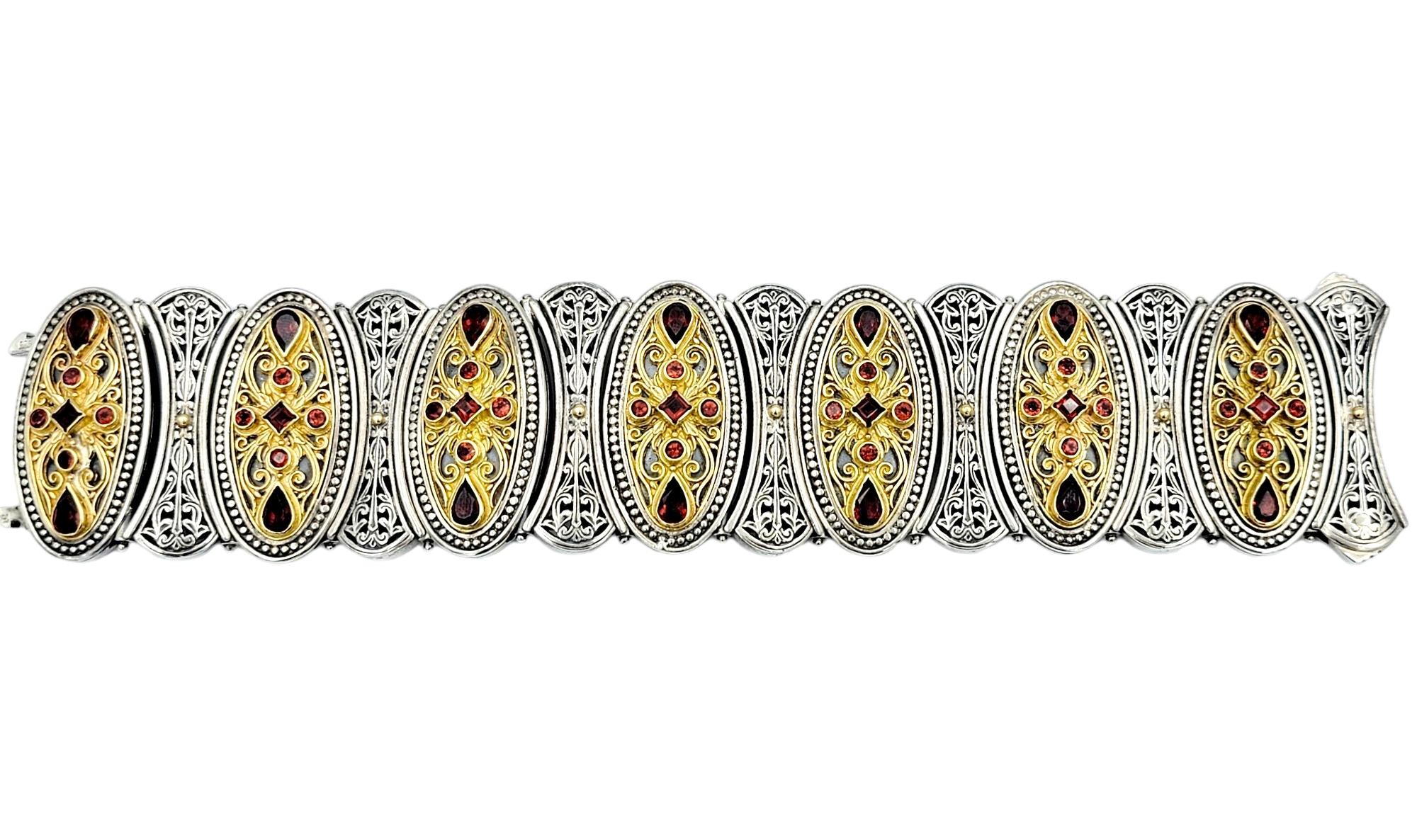 Konstantino, large bracelet fantaisie en argent et or 18 carats avec grenat et filigrane Pour femmes en vente