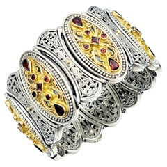 Used Konstantino Garnet and Filigree Wide Statement Bracelet Silver and 18 Karat Gold