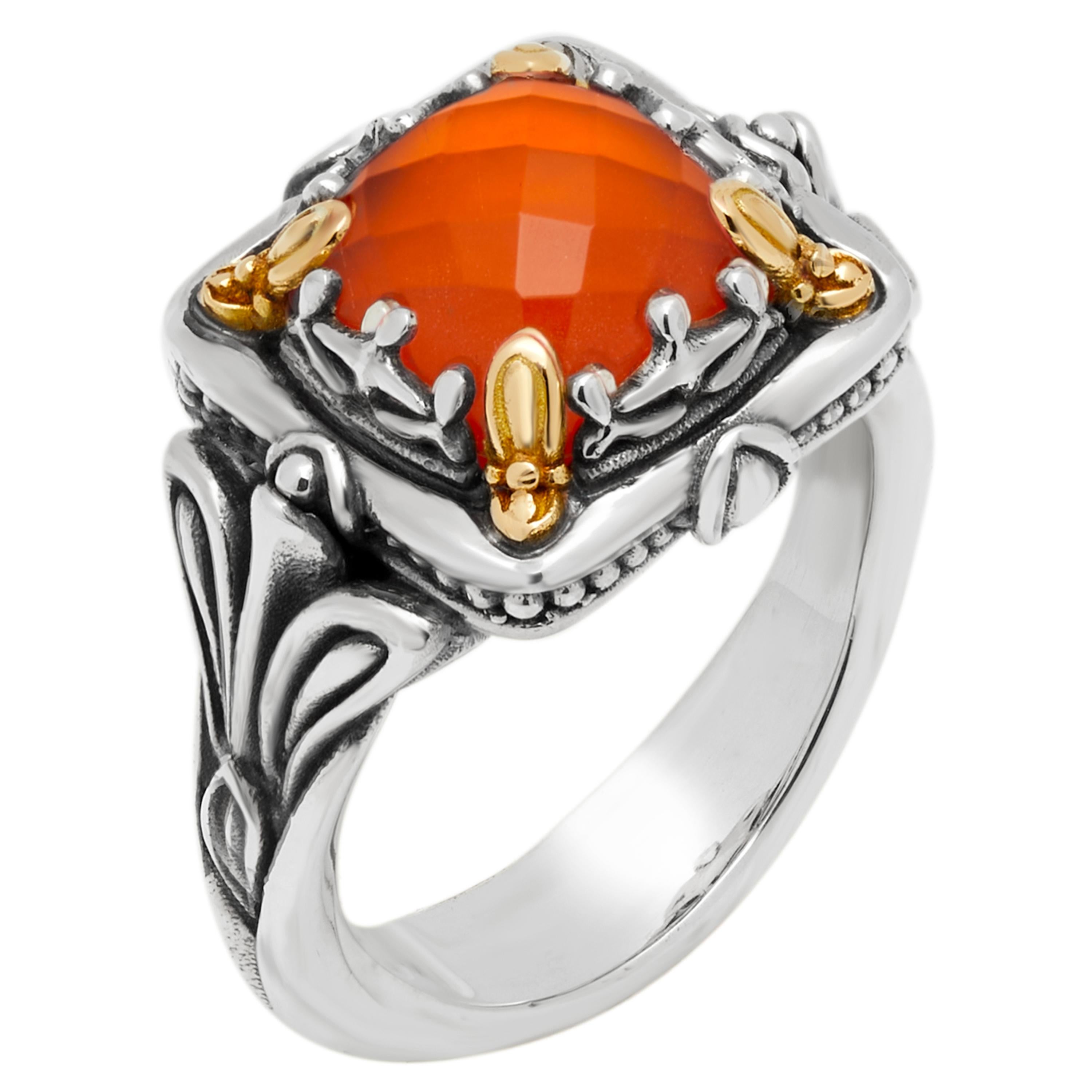 This captivating Konstantino Sterling Silver and 18K Yellow Gold Statement Ring features a faceted Carnelian Doublet held by 18K Yellow Gold prongs . The ring size is 7 (54.4). The Band Width is 4.85mm.
