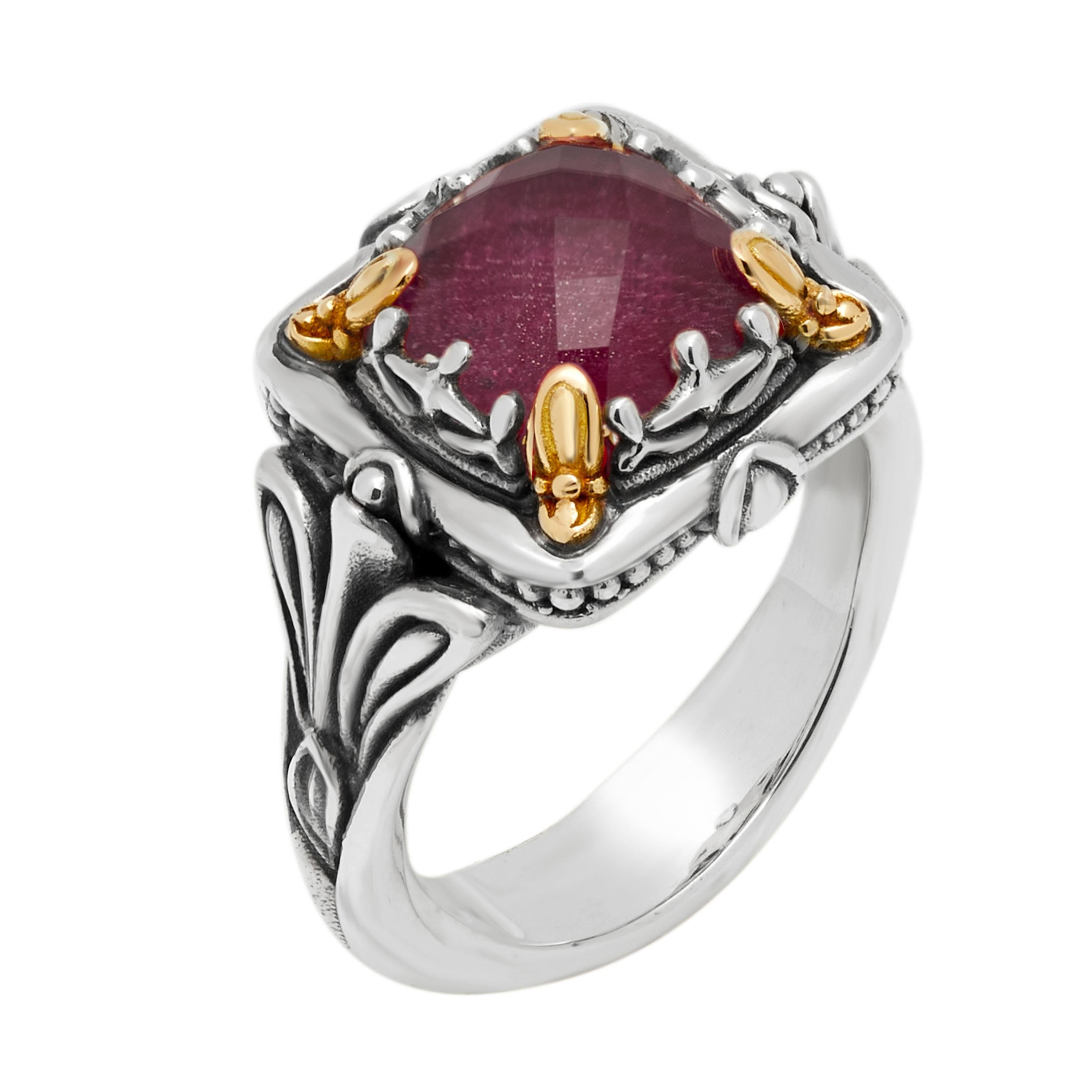 This captivating Konstantino sterling silver statement ring features a faceted ruby doublet held by 18K yellow gold prongs. The band width is 4.85mm. The ring size is 6.5 (53.1). 