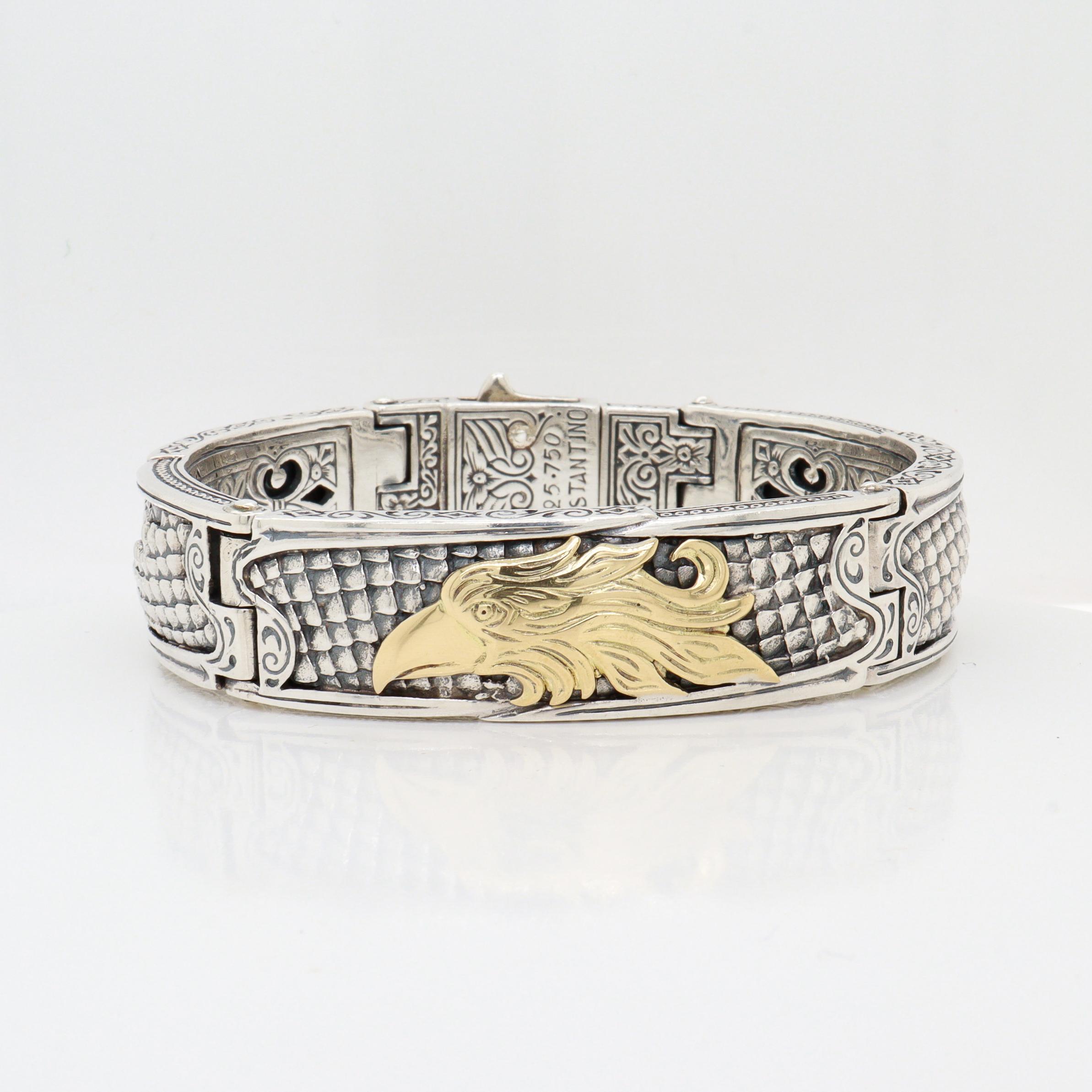Moderno Bracciale da uomo con cerniera a forma di aquila in argento sterling e oro 18 carati di Konstantino 