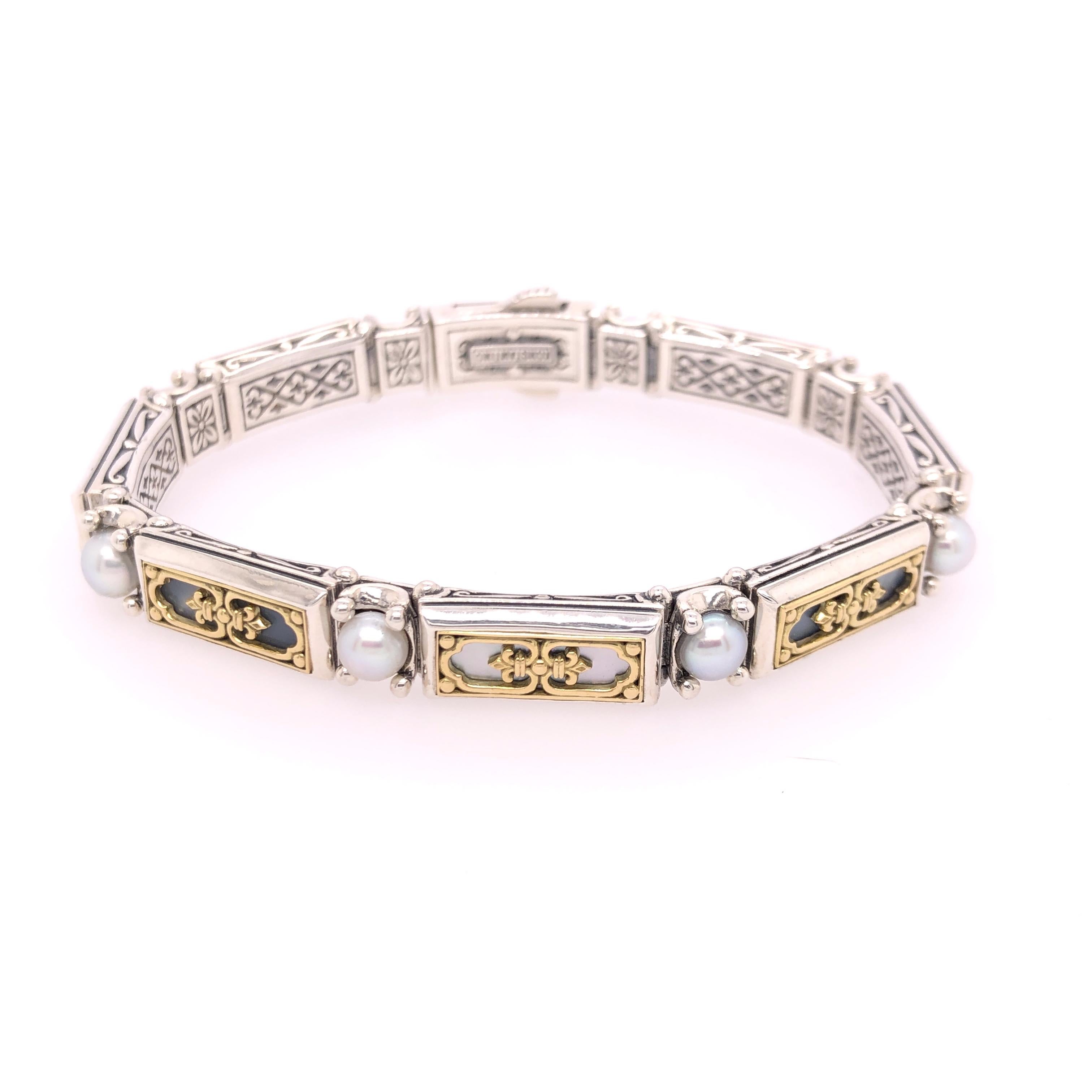 Contemporary Konstantino Mother of Pearl and Pearl Sterling Silver & Yellow Gold Bracelet For Sale