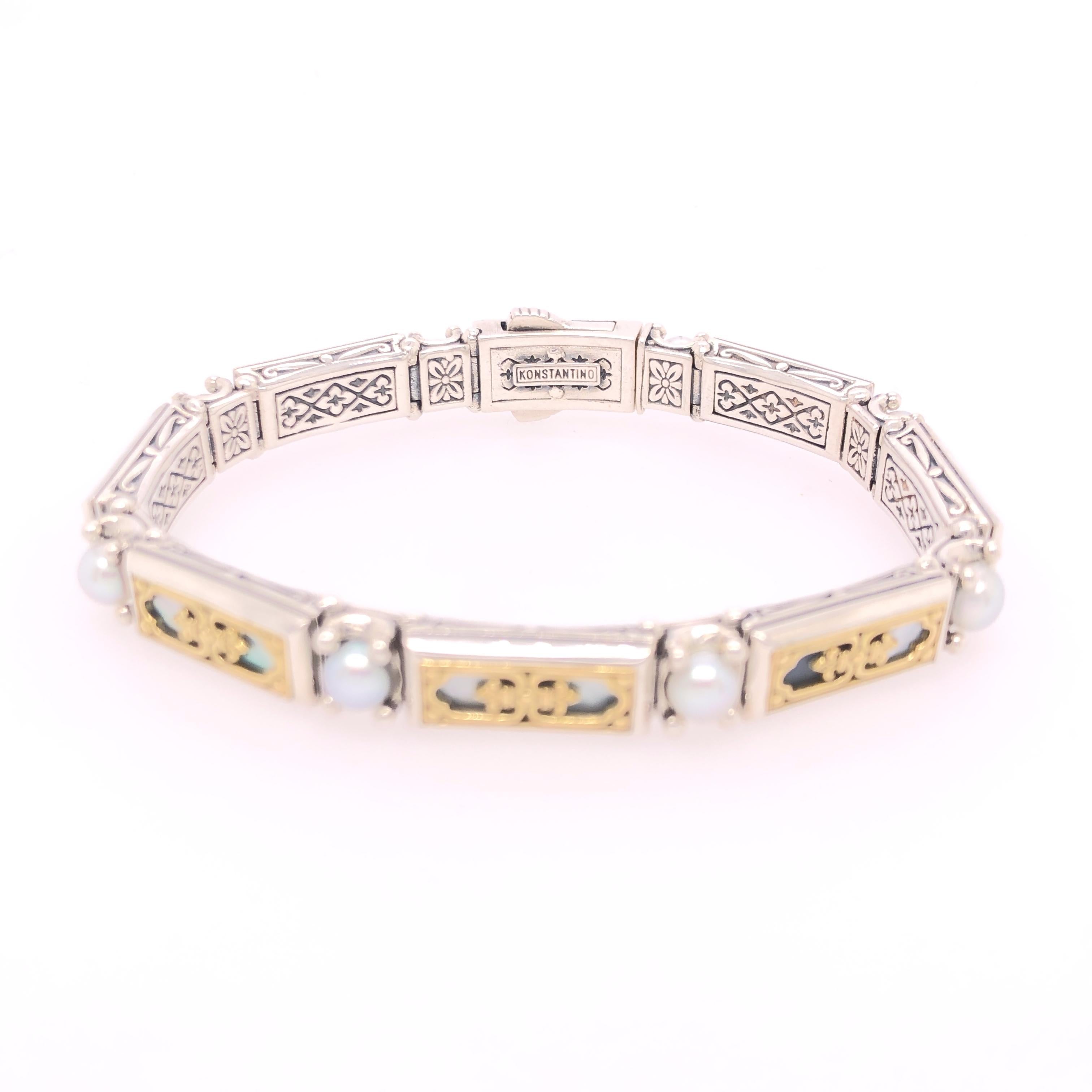 Konstantino Mother of Pearl and Pearl Sterling Silver & Yellow Gold Bracelet In New Condition For Sale In Dallas, TX