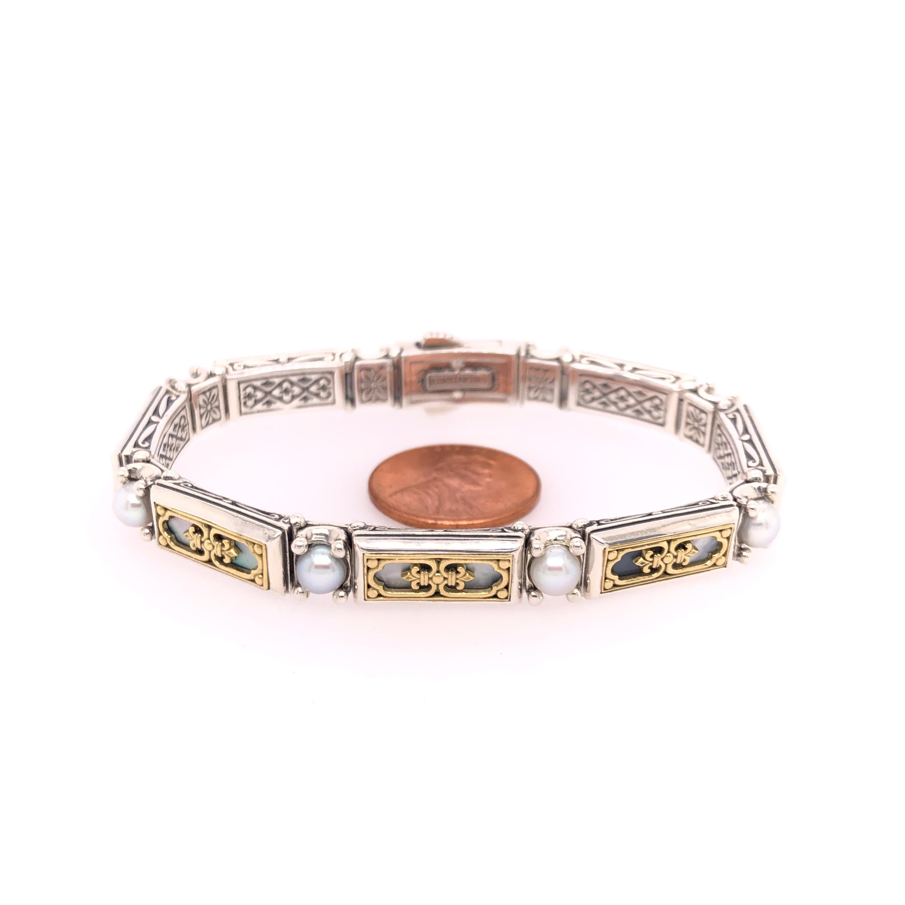 Konstantino Mother of Pearl and Pearl Sterling Silver & Yellow Gold Bracelet For Sale 2