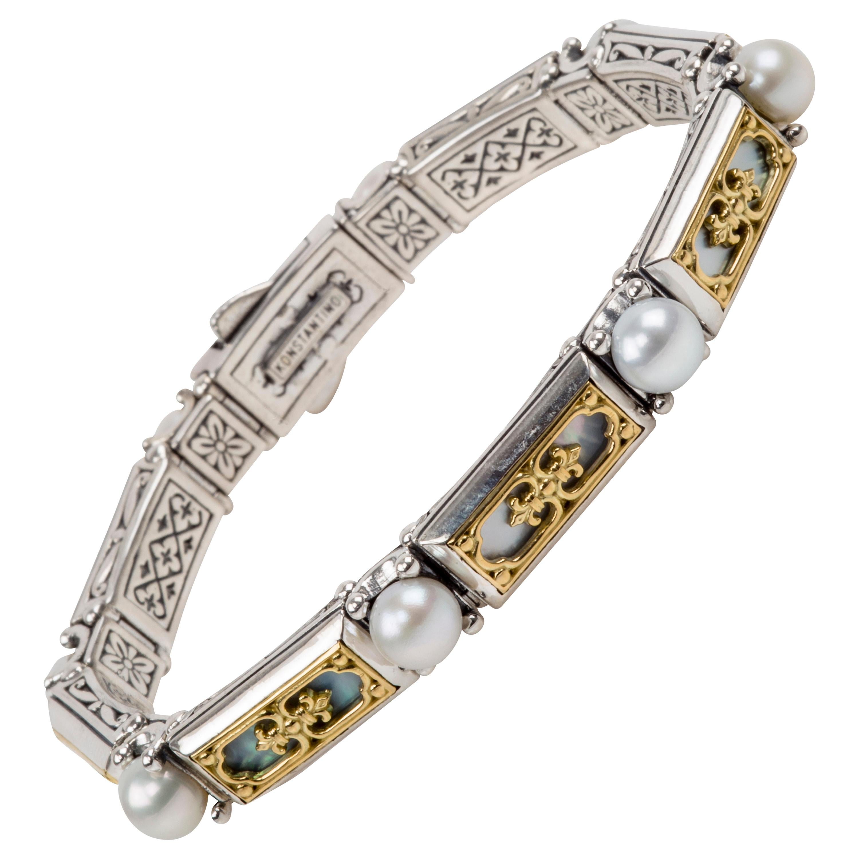 Konstantino Mother of Pearl and Pearl Sterling Silver & Yellow Gold Bracelet For Sale