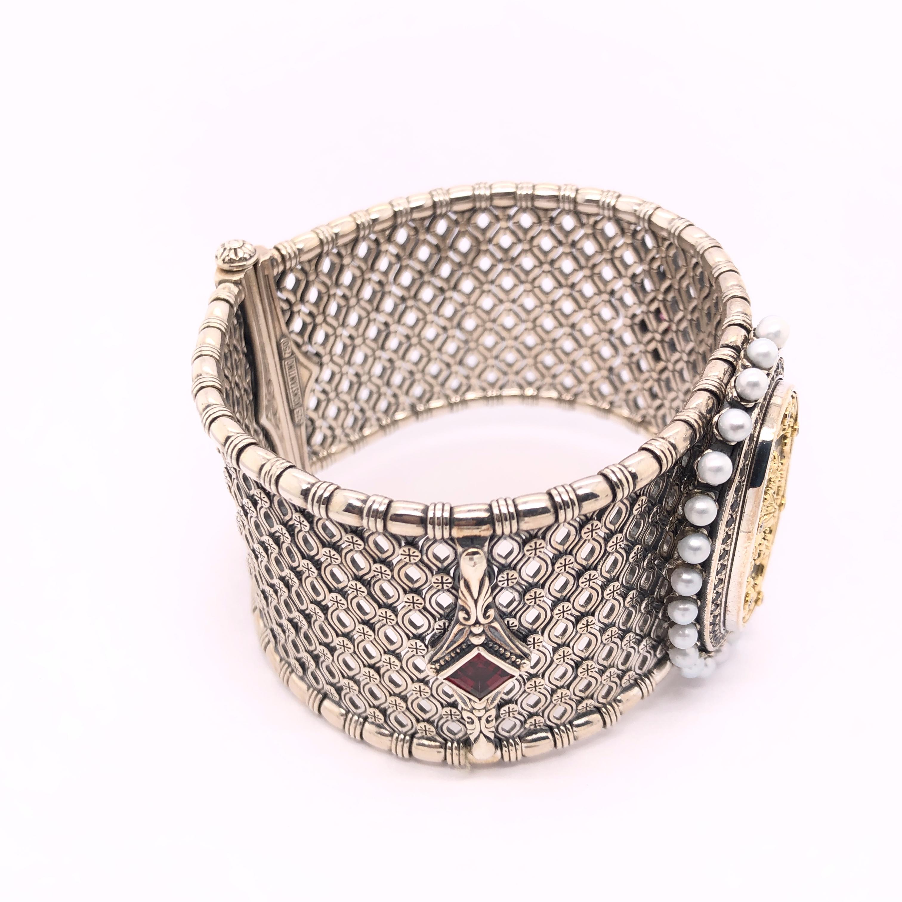 Contemporary Konstantino Mother of Pearl, Spinel, Diamond Sterling Silver & 18k Gold Bracelet
