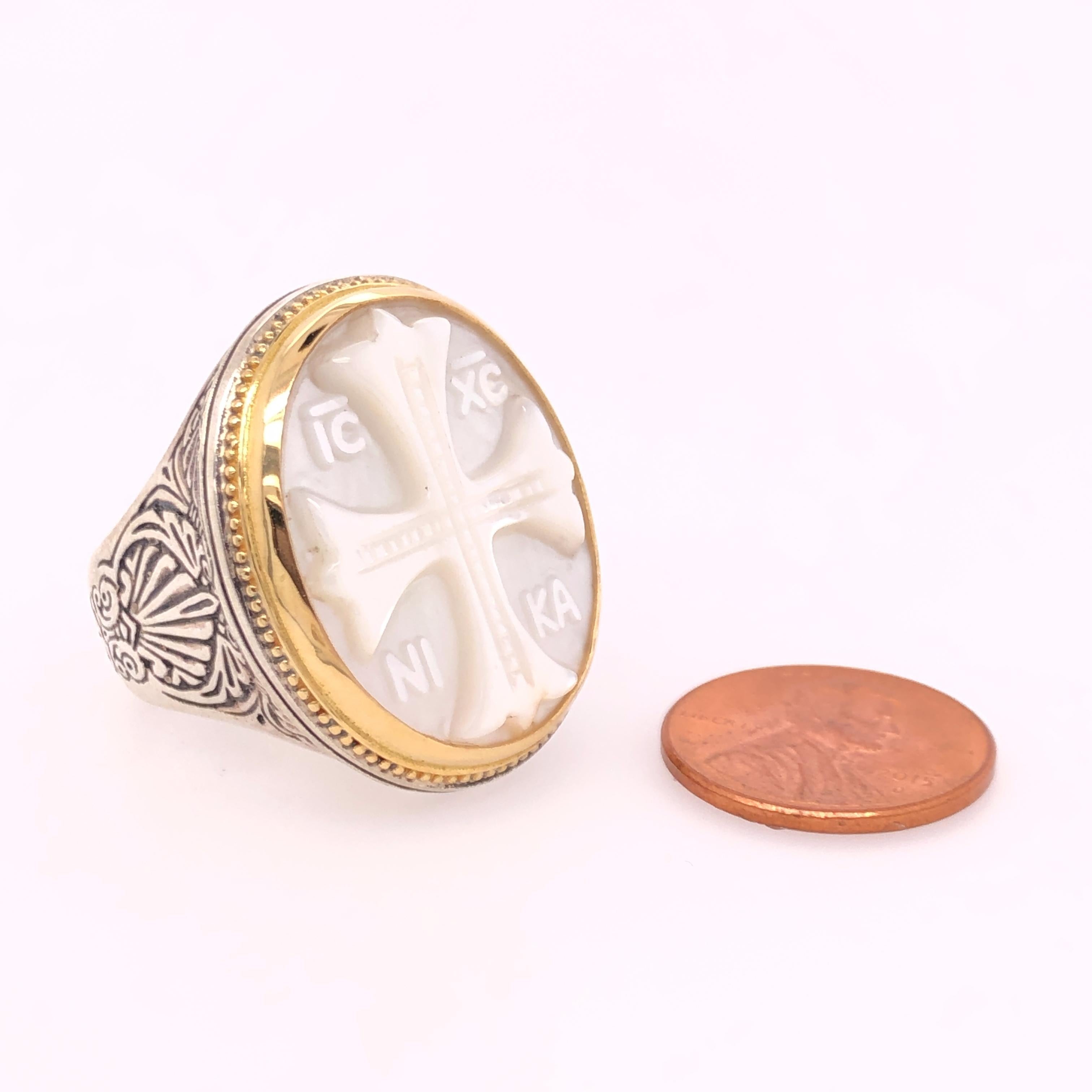 Konstantino Mother of Pearl Sterling Silver & Yellow Gold Cross Ring 5