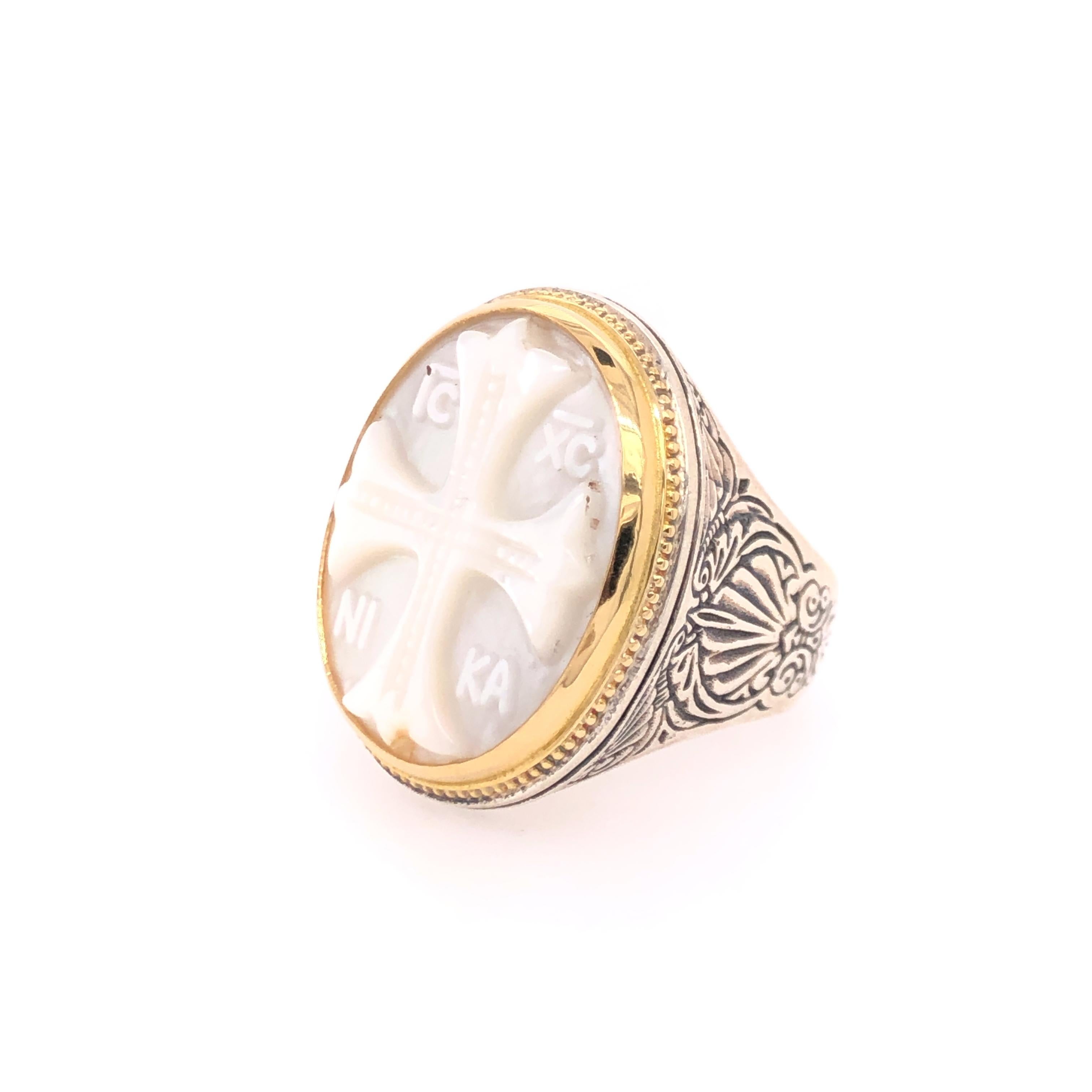 Contemporary Konstantino Mother of Pearl Sterling Silver & Yellow Gold Cross Ring