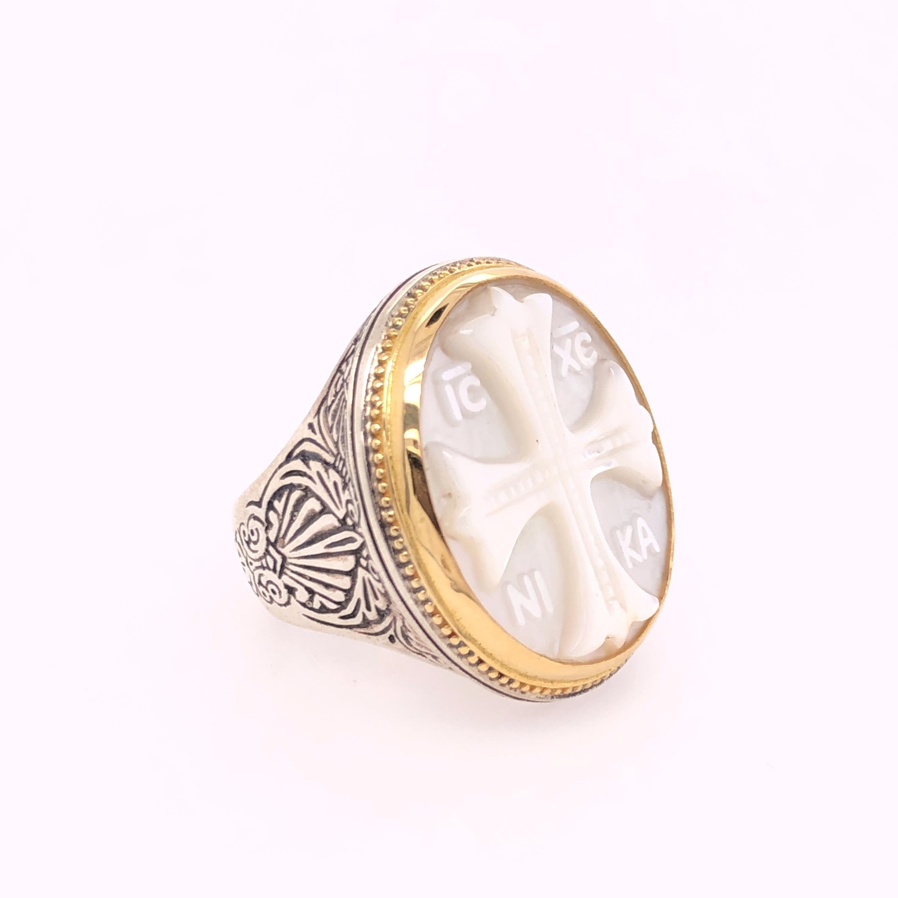 Konstantino Mother of Pearl Sterling Silver & Yellow Gold Cross Ring 4