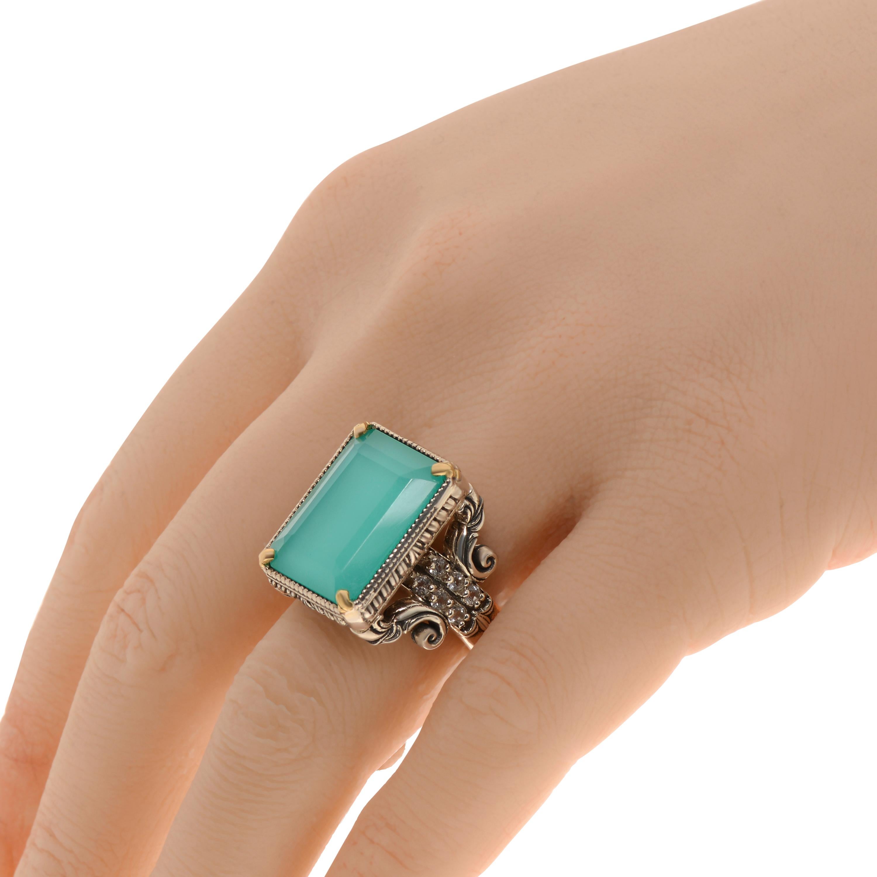 Konstantino Naiads statement ring features a faceted chalcedony doublet with topaz accents. The ring size is 7 (54.4). The total weight is 13.9g.
