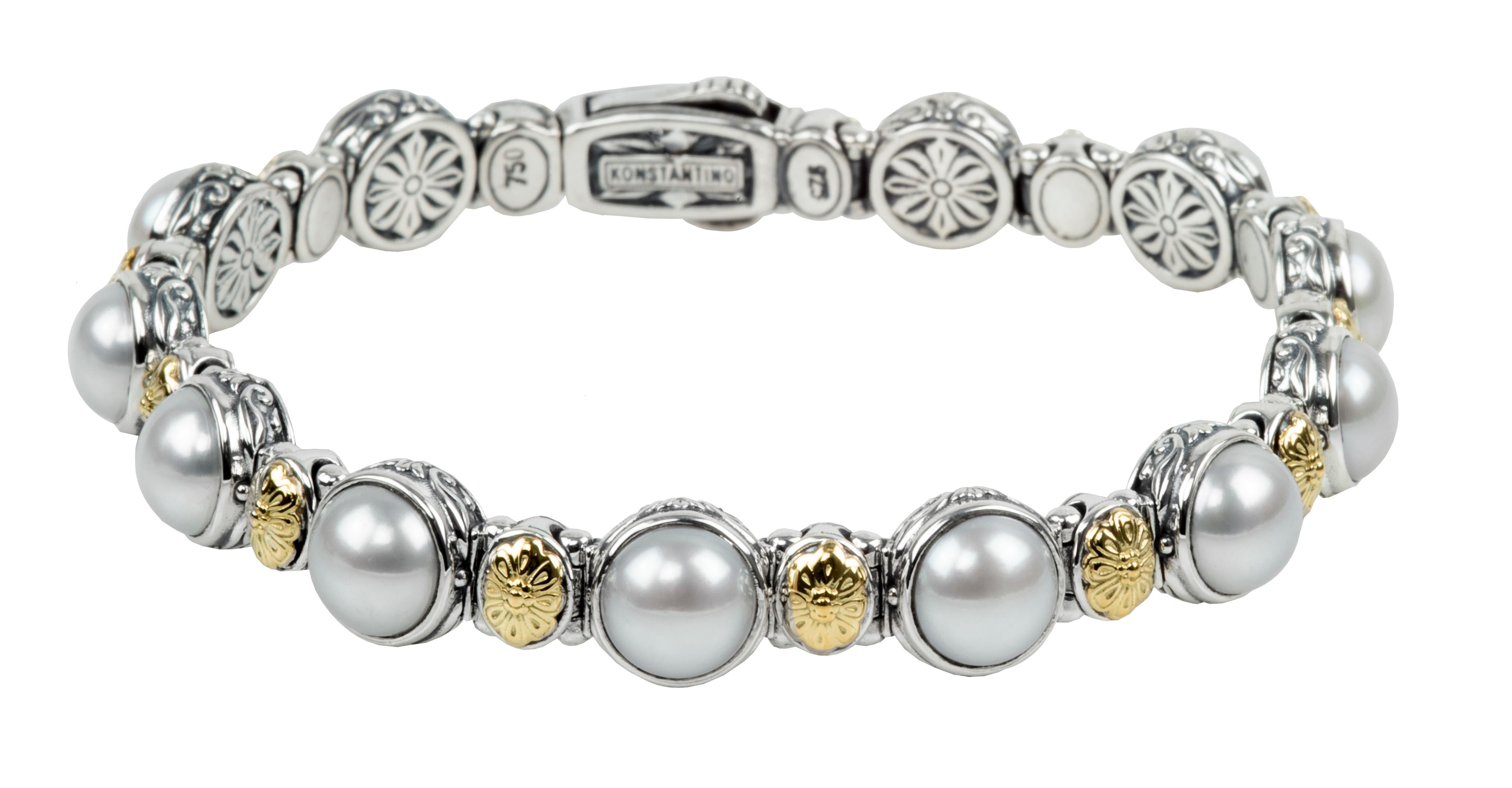 Konstantino Pearl Sterling Silver and Gold Bracelet.  
Stamped Konstantino, 925 and 750.
