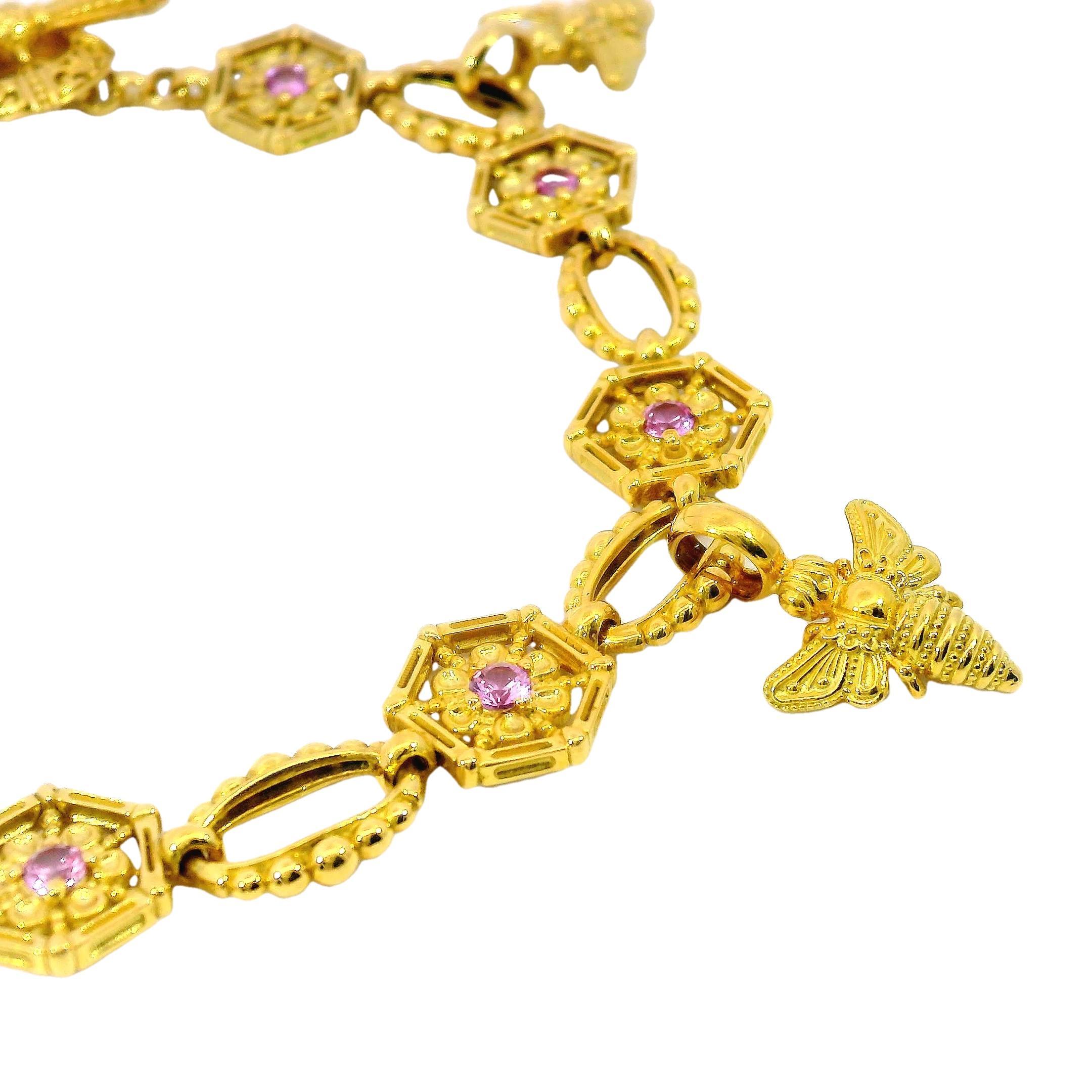 Contemporary Konstantino Pink Sapphire Bee Charm Link Bracelet in 18 Karat Yellow Gold
