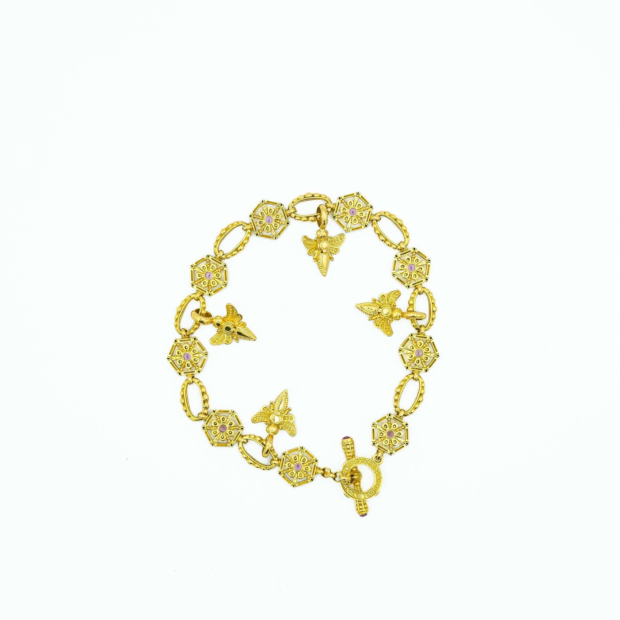 Round Cut Konstantino Pink Sapphire Bee Charm Link Bracelet in 18 Karat Yellow Gold