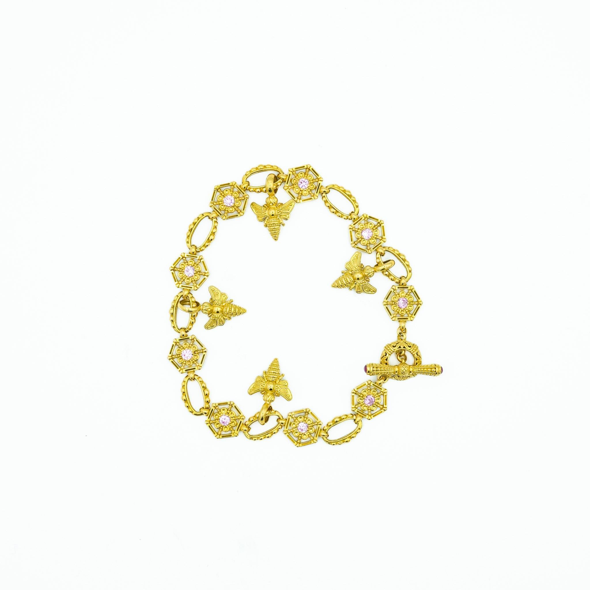 Konstantino Pink Sapphire Bee Charm Link Bracelet in 18 Karat Yellow Gold In Excellent Condition In Fairfield, CT