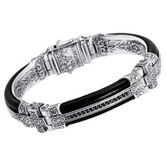 Konstantino Plato Sterling Silver and Leather, Black Spinel Cuff Bracelet