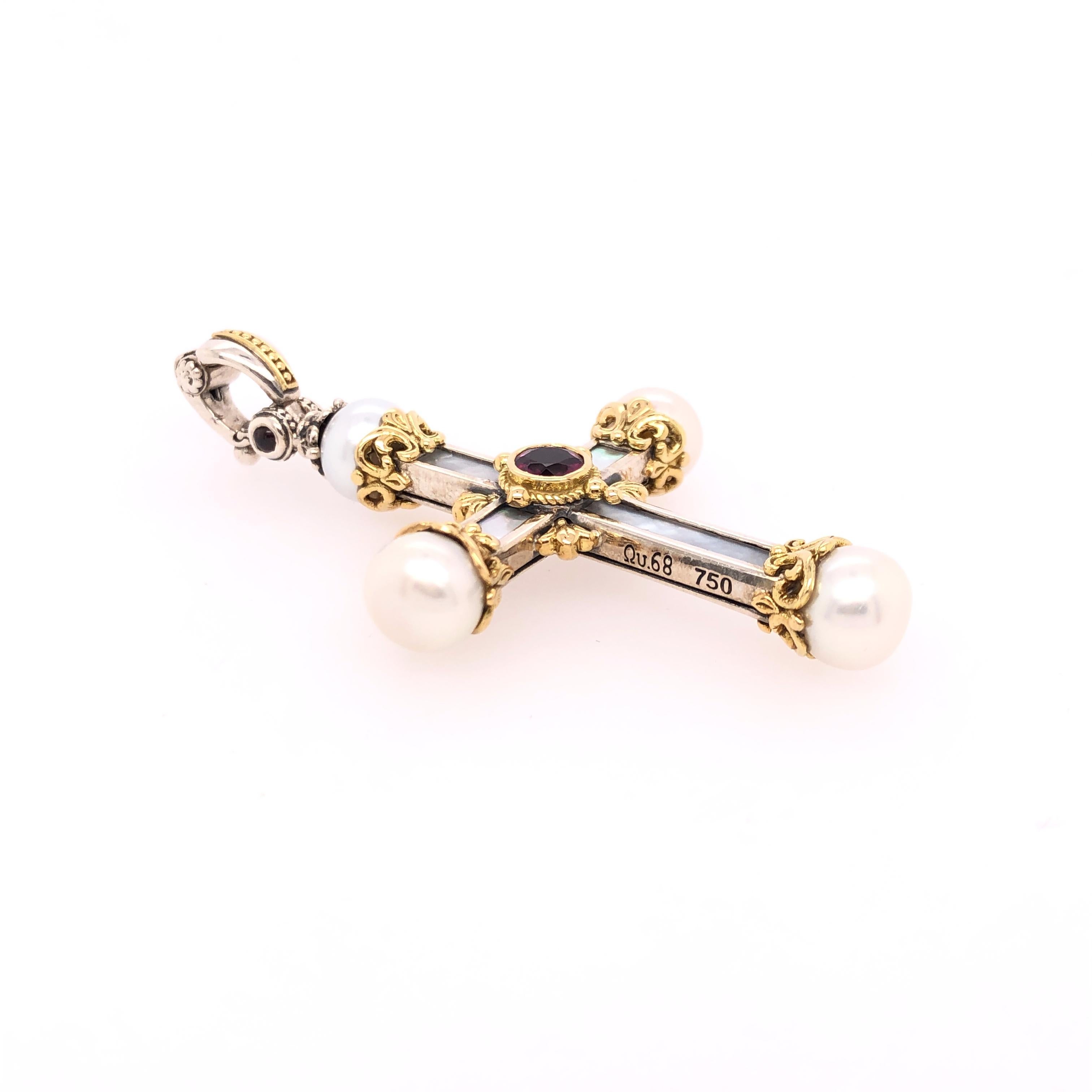 Contemporary Konstantino Rhodolite and Pearl Sterling Silver & 18k Gold Cross Pendant For Sale