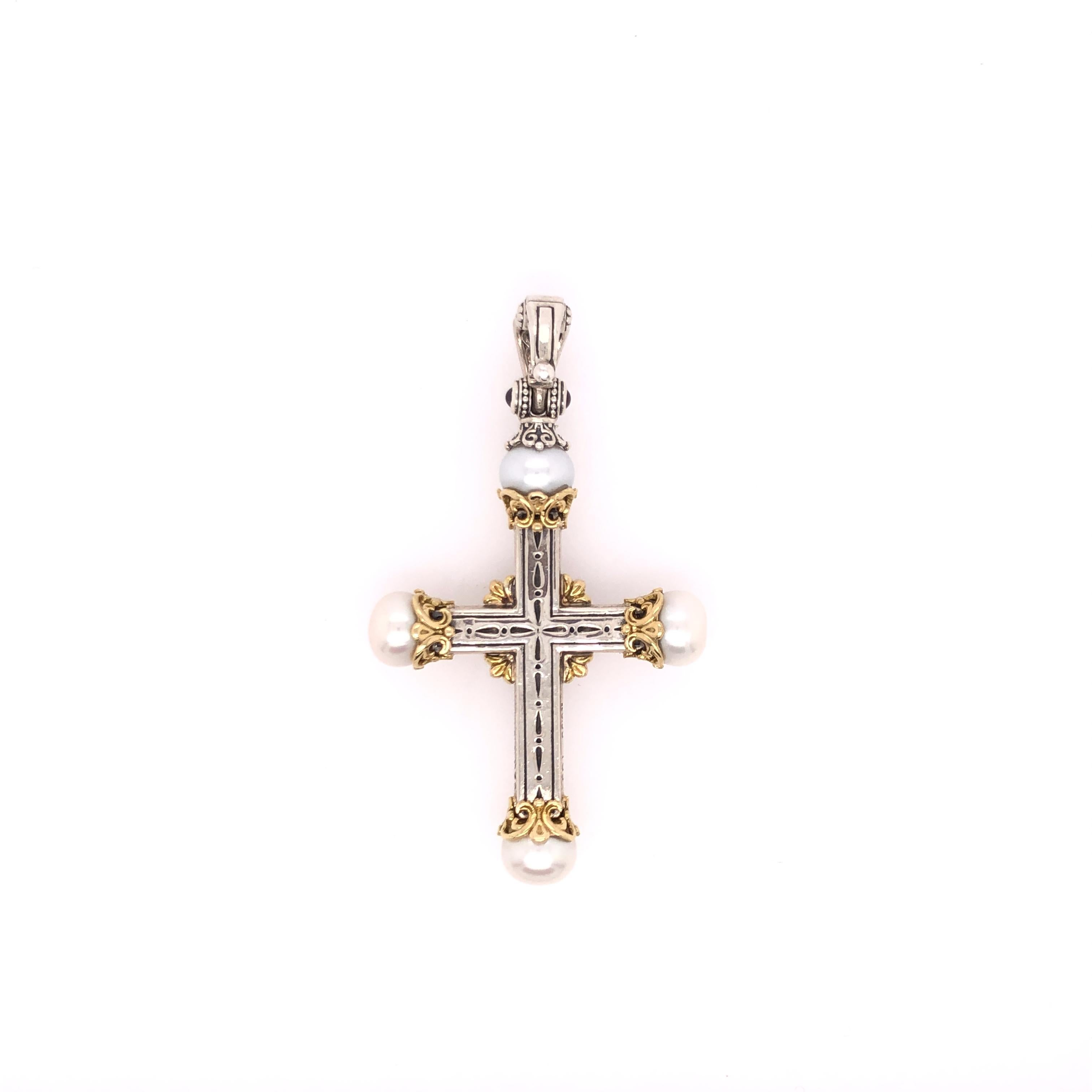 Women's Konstantino Rhodolite and Pearl Sterling Silver & 18k Gold Cross Pendant For Sale
