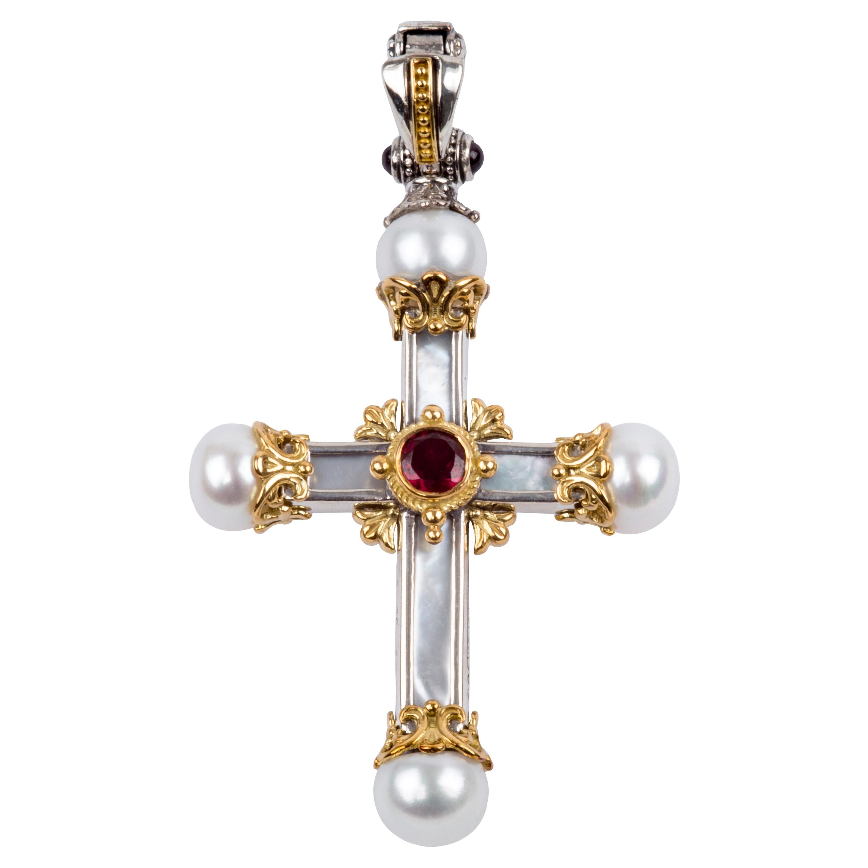 Konstantino Rhodolite and Pearl Sterling Silver & 18k Gold Cross Pendant For Sale