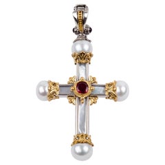 Konstantino Rhodolite and Pearl Sterling Silver & 18k Gold Cross Pendant