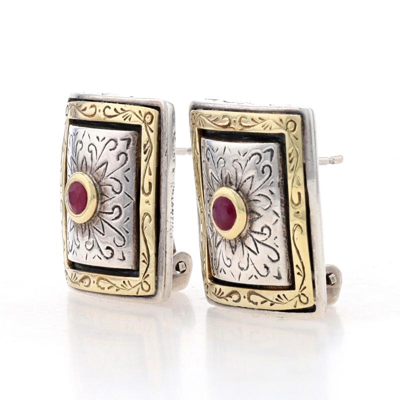 Brand: Konstantino

Metal Content: Sterling Silver & 18k Yellow Gold

Stone Information

Natural Rubies
Treatment: Heating
Carat(s): .36ctw
Cut: Round
Color: Pinkish Red

Total Carats: .36ctw

Style: Large Stud
Fastening Type: Omega