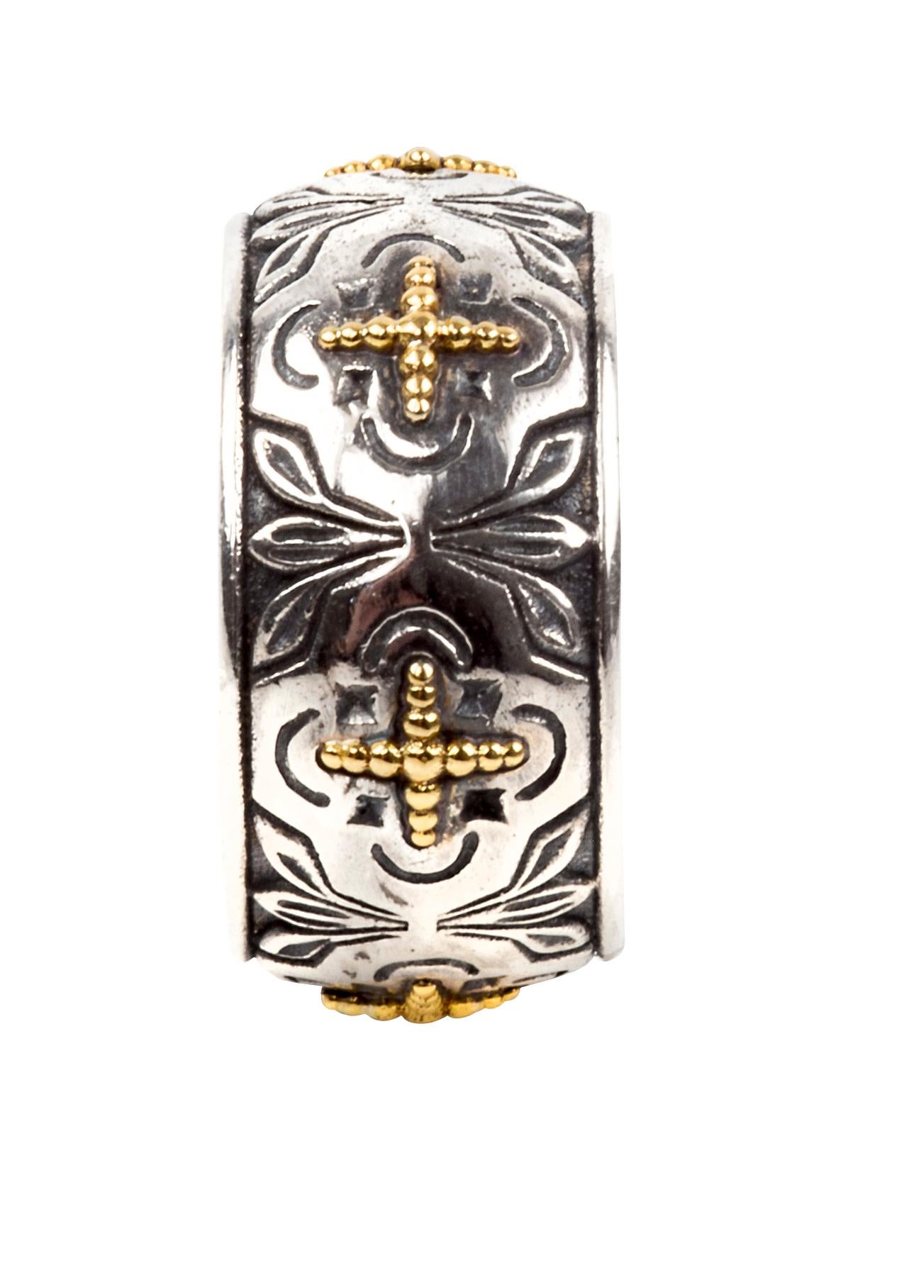 18K Yellow Gold accents on Sterling Silver with Cross Detail.  
Made by renowned Greek Designer Konstantino. 