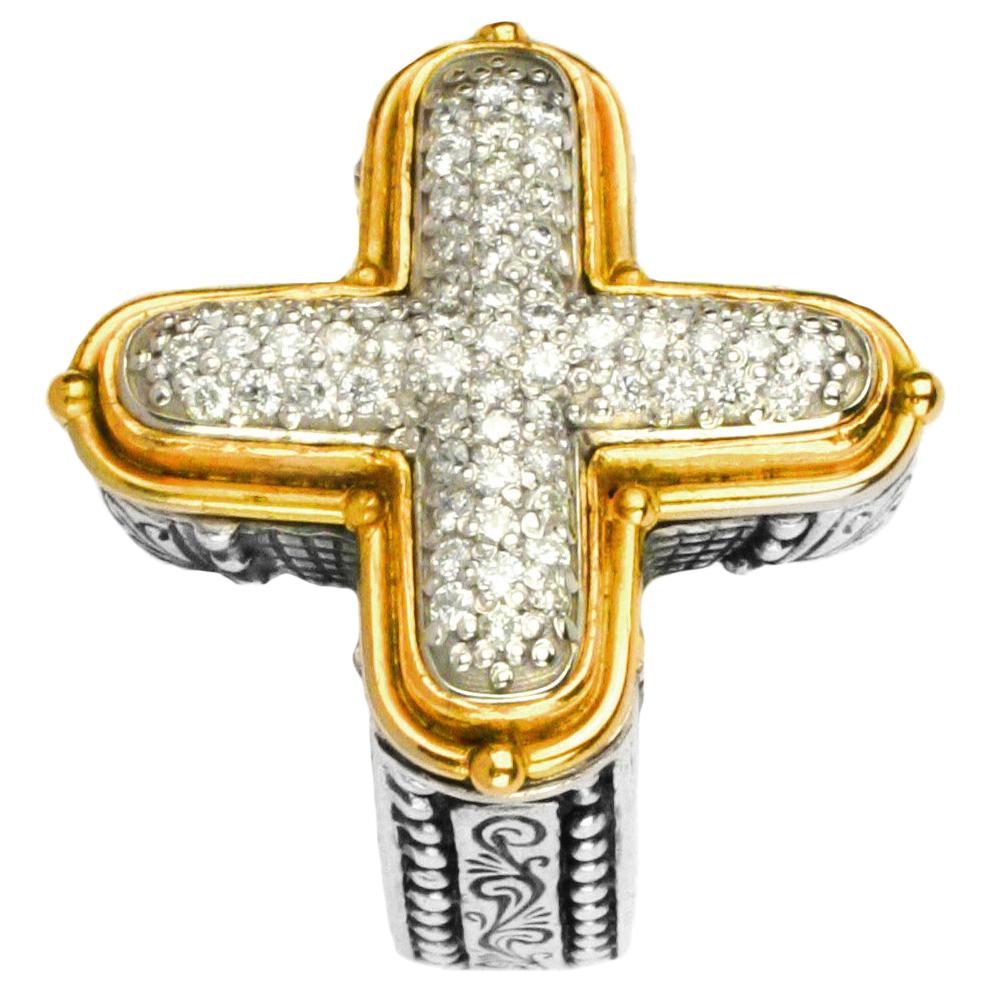 Konstantino Silver and Gold Pave Cross Ring  For Sale