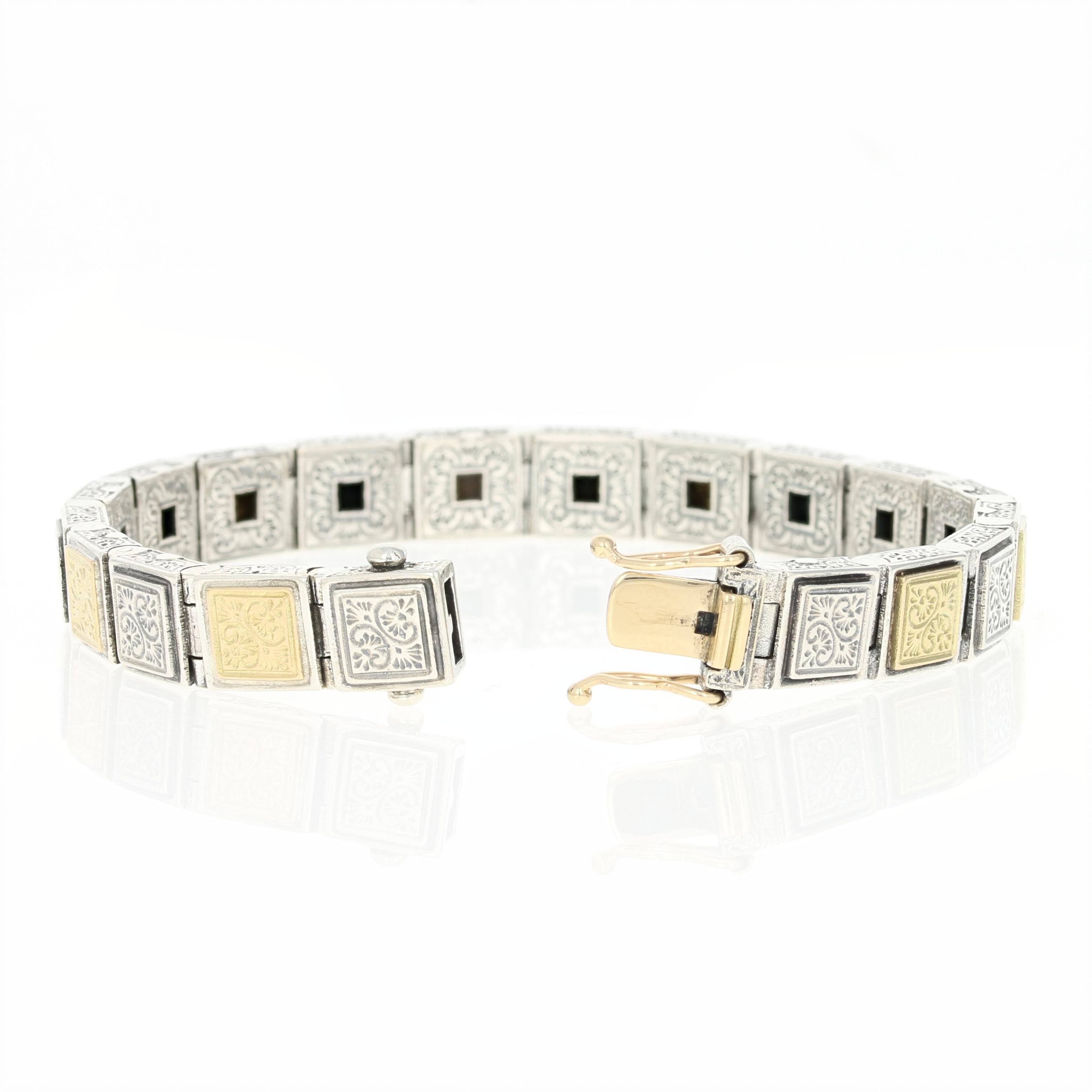 This gorgeous bracelet is destined to become a signature piece in your fine jewelry collection! Beautifully created by Konstantino, this sterling silver and 18k yellow gold piece features square links to create a streamlined silhouette that is