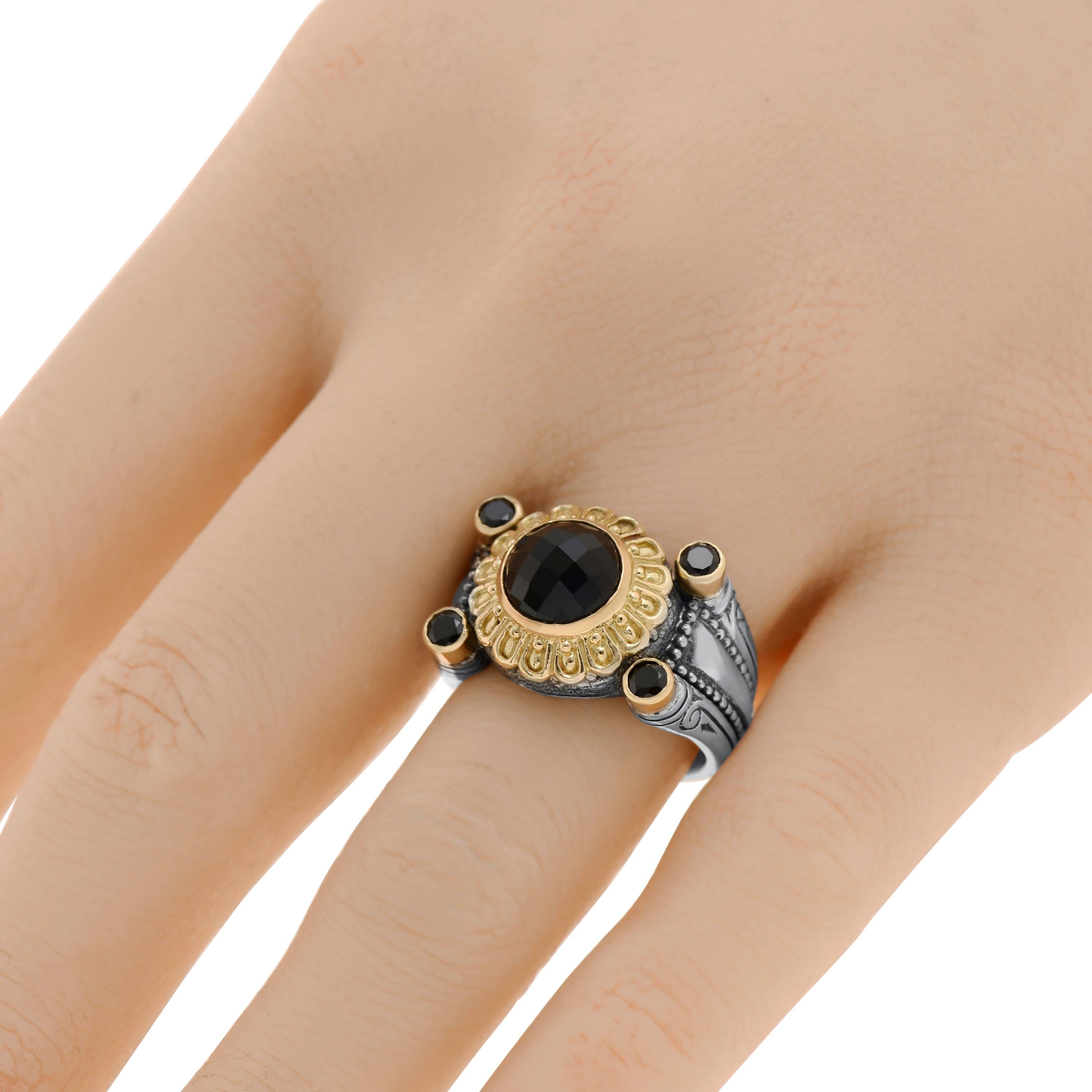 This bold Konstantino statement ring features onyx and black spinel set in sterling silver with 18K yellow gold accents. The decoration size is 3/4
