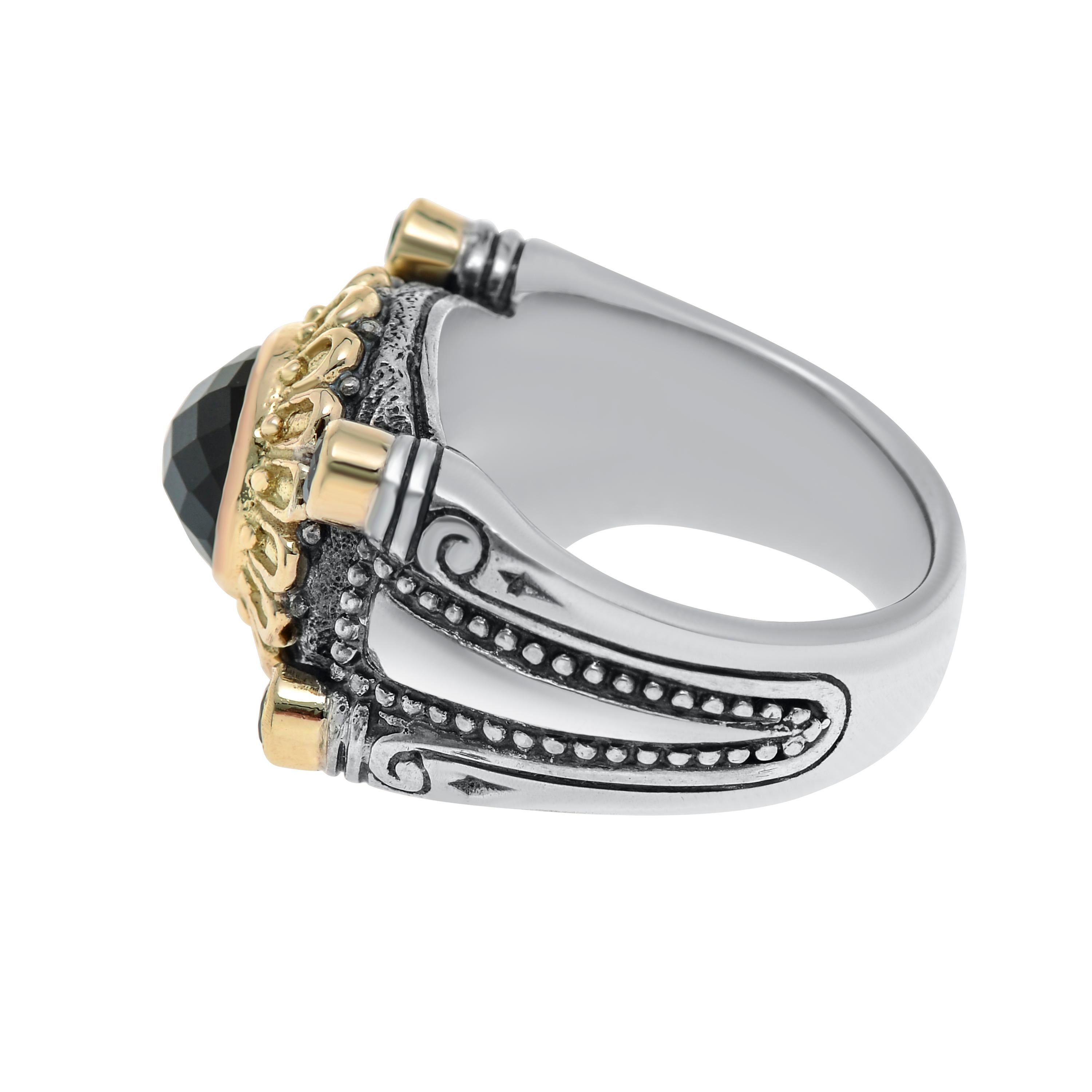 Contemporary Konstantino Sterling Silver, 18K Gold and Onyx Ring sz 7.25 For Sale