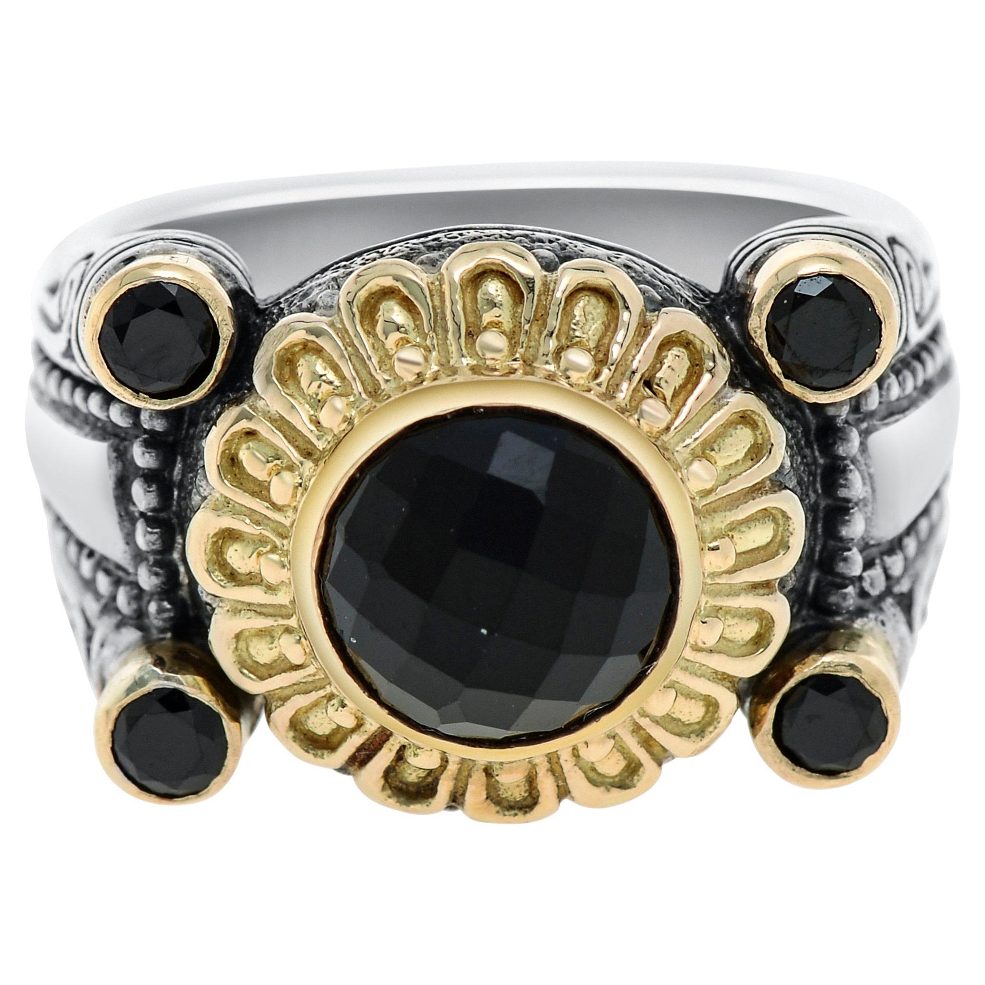 Konstantino Sterling Silver, 18K Gold and Onyx Ring sz 7.25 For Sale