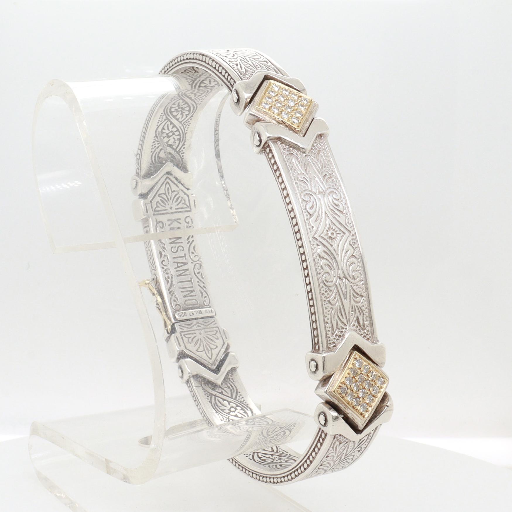 Bracelet manchette à charnière en argent sterling, or 18K et diamants pavés Konstantino en vente 4