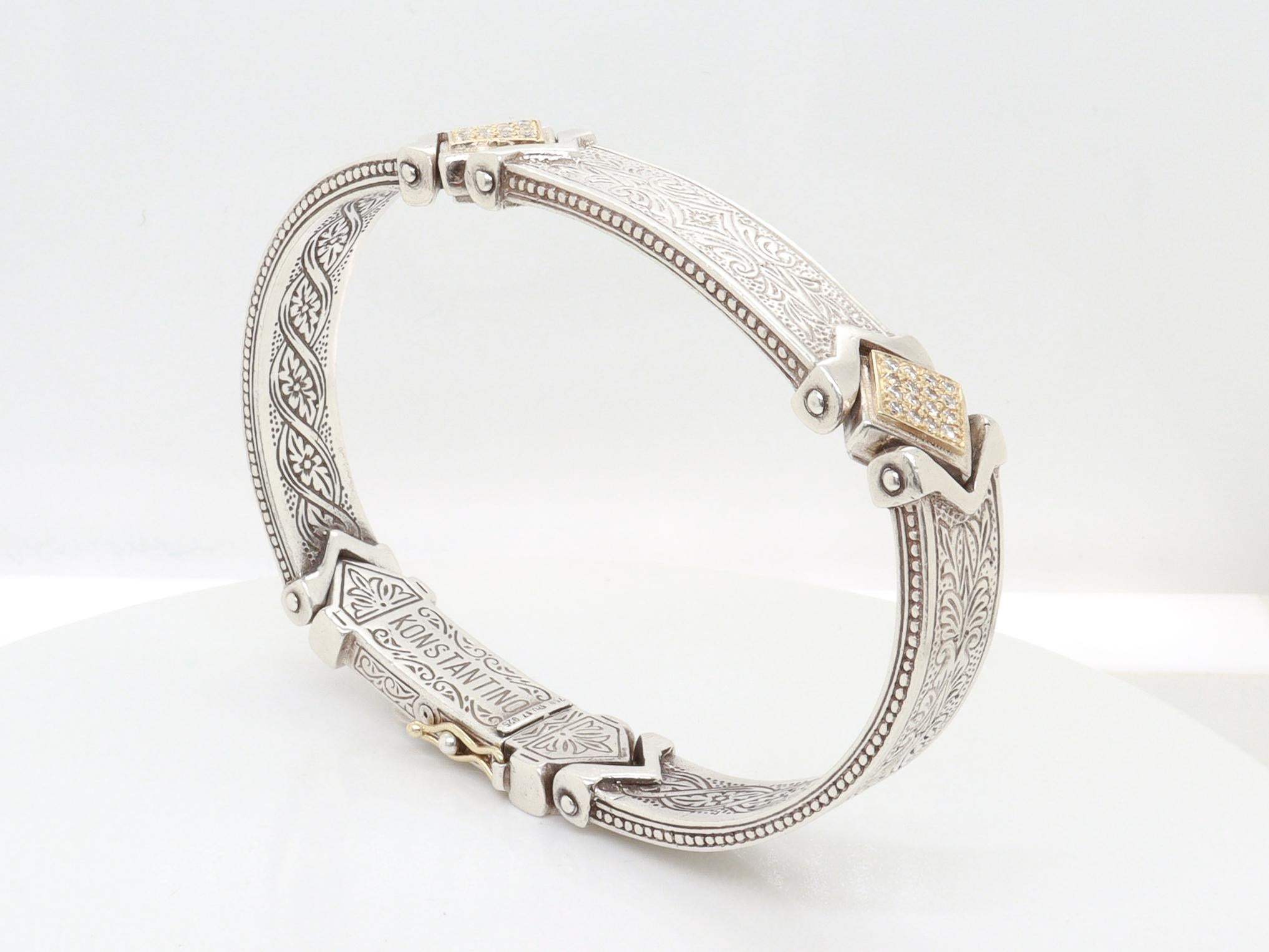 Moderne Bracelet manchette à charnière en argent sterling, or 18K et diamants pavés Konstantino en vente