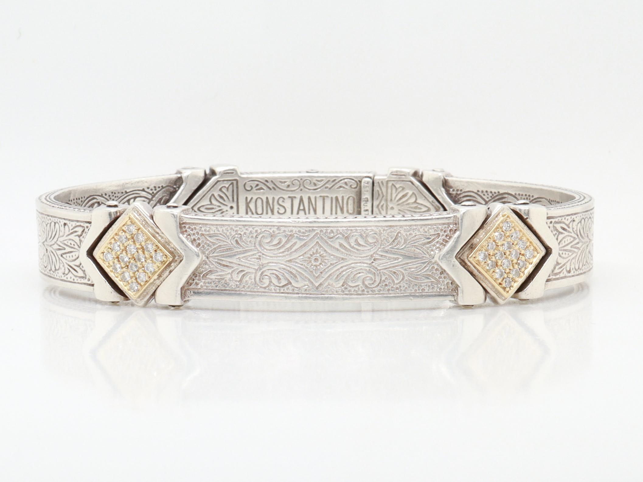 Taille ronde Bracelet manchette à charnière en argent sterling, or 18K et diamants pavés Konstantino en vente